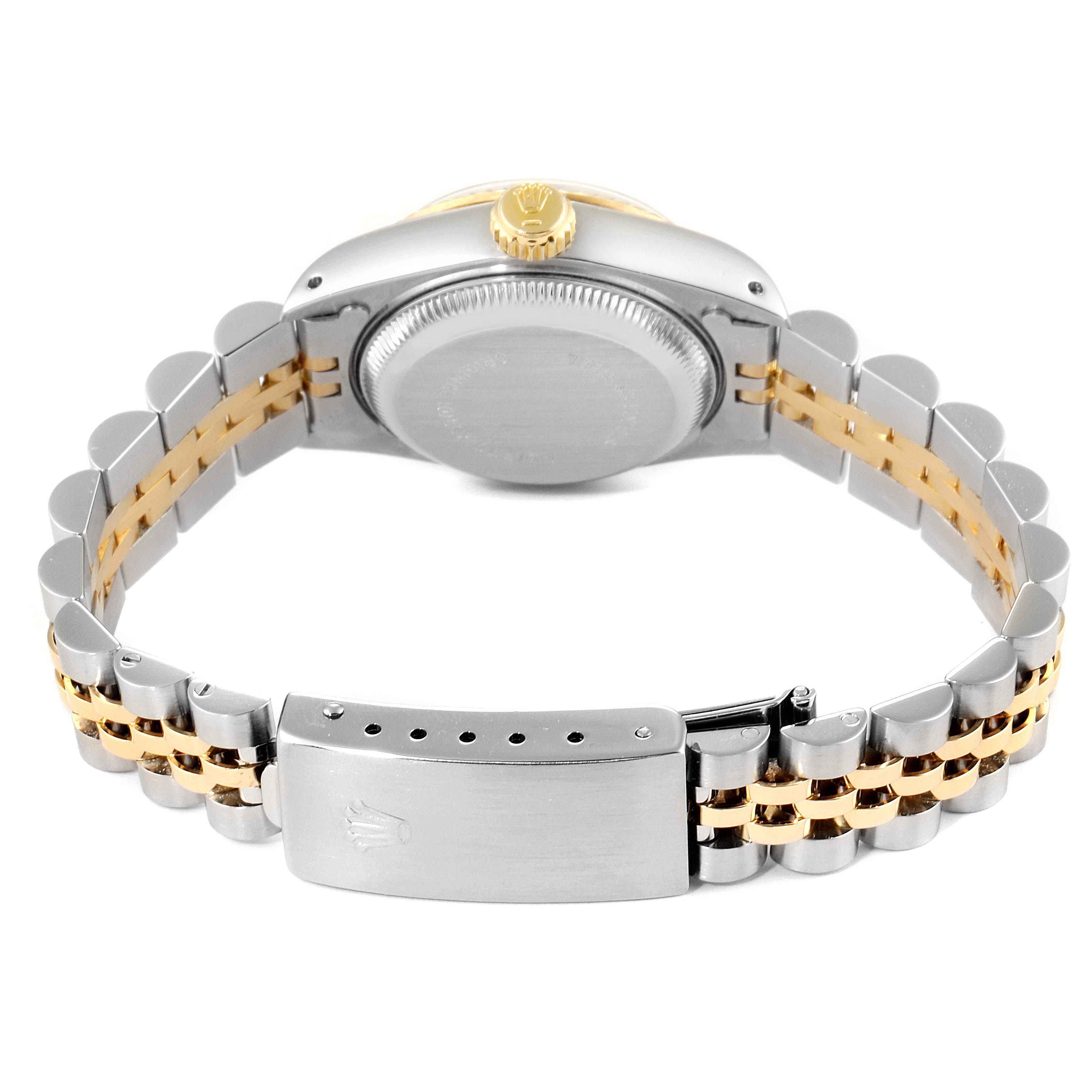 The image shows the back view of a Rolex Datejust 69173 Women's Steel and Gold (two tone) Silver Dial 69173 Women's Steel and Gold (two tone) Silver Dial watch, highlighting its clasp, case back, crown, and two-tone bracelet.