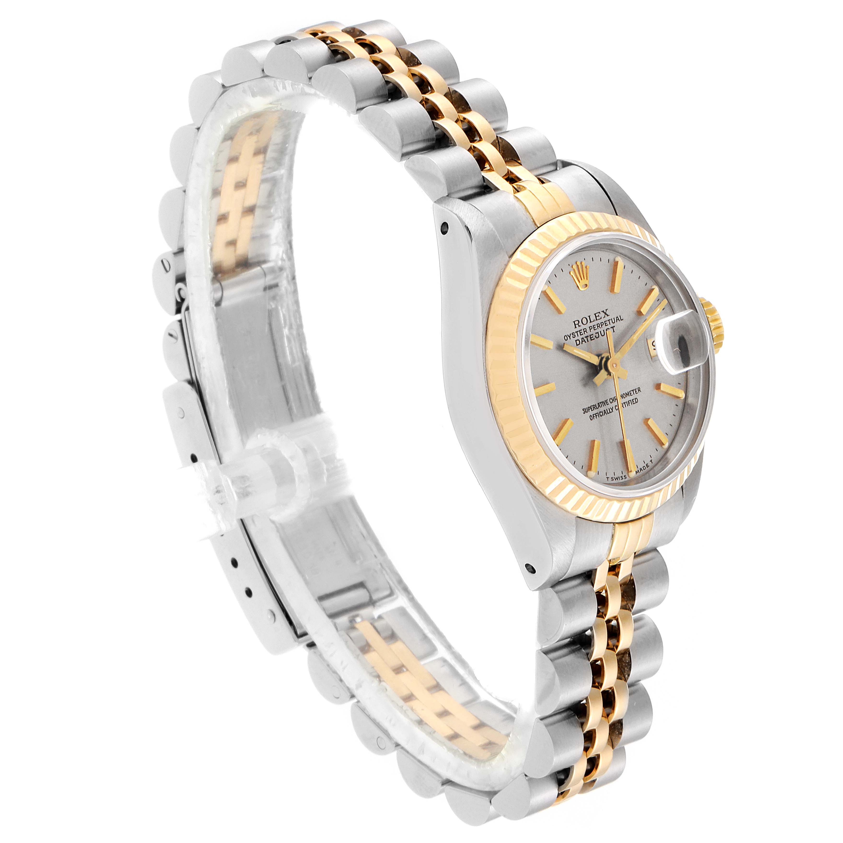 This image shows the side and partial face view of a Rolex Datejust 69173 Women's Steel and Gold (two tone) Silver Dial 69173 Women's Steel and Gold (two tone) Silver Dial watch, highlighting its two-tone metal bracelet and fluted bezel.