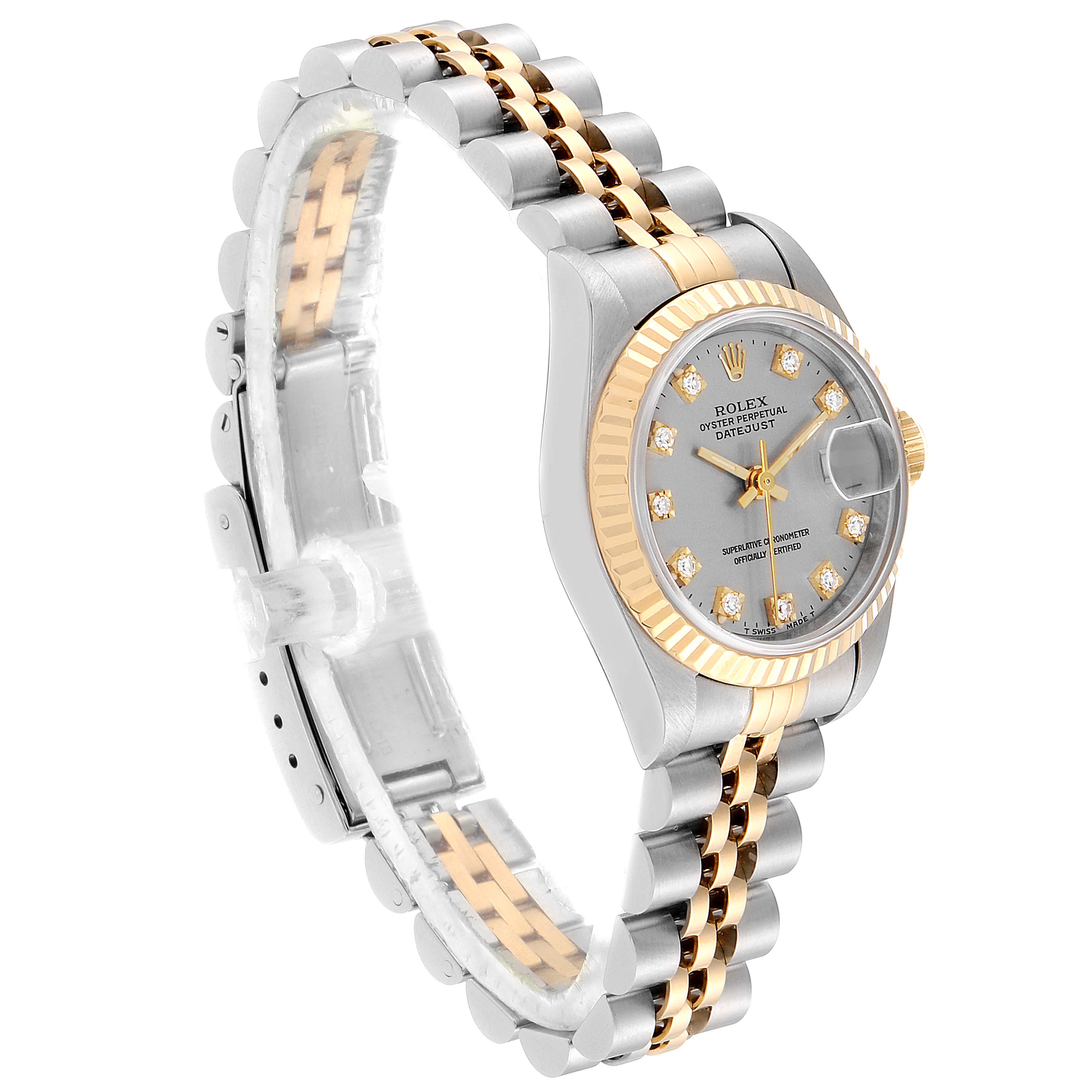 This Rolex Datejust 69173 Women's Steel and Gold (two tone) Silver Dial 69173 Women's Steel and Gold (two tone) Silver Dial watch is shown at an angle highlighting its two-tone bracelet, fluted bezel, and dial with diamond markers.