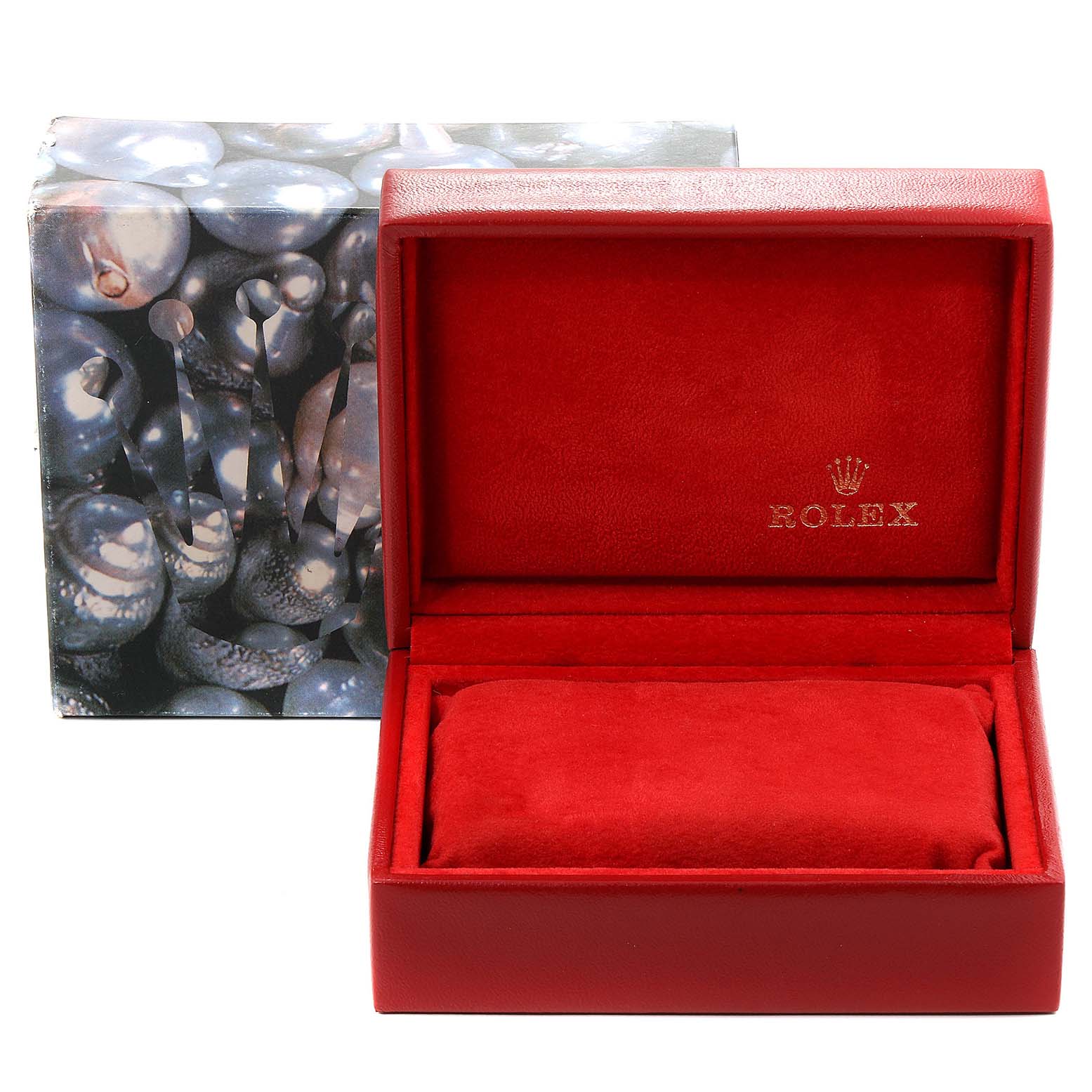 The image shows a Datejust model Rolex watch box and packaging, featuring a red interior and exterior.