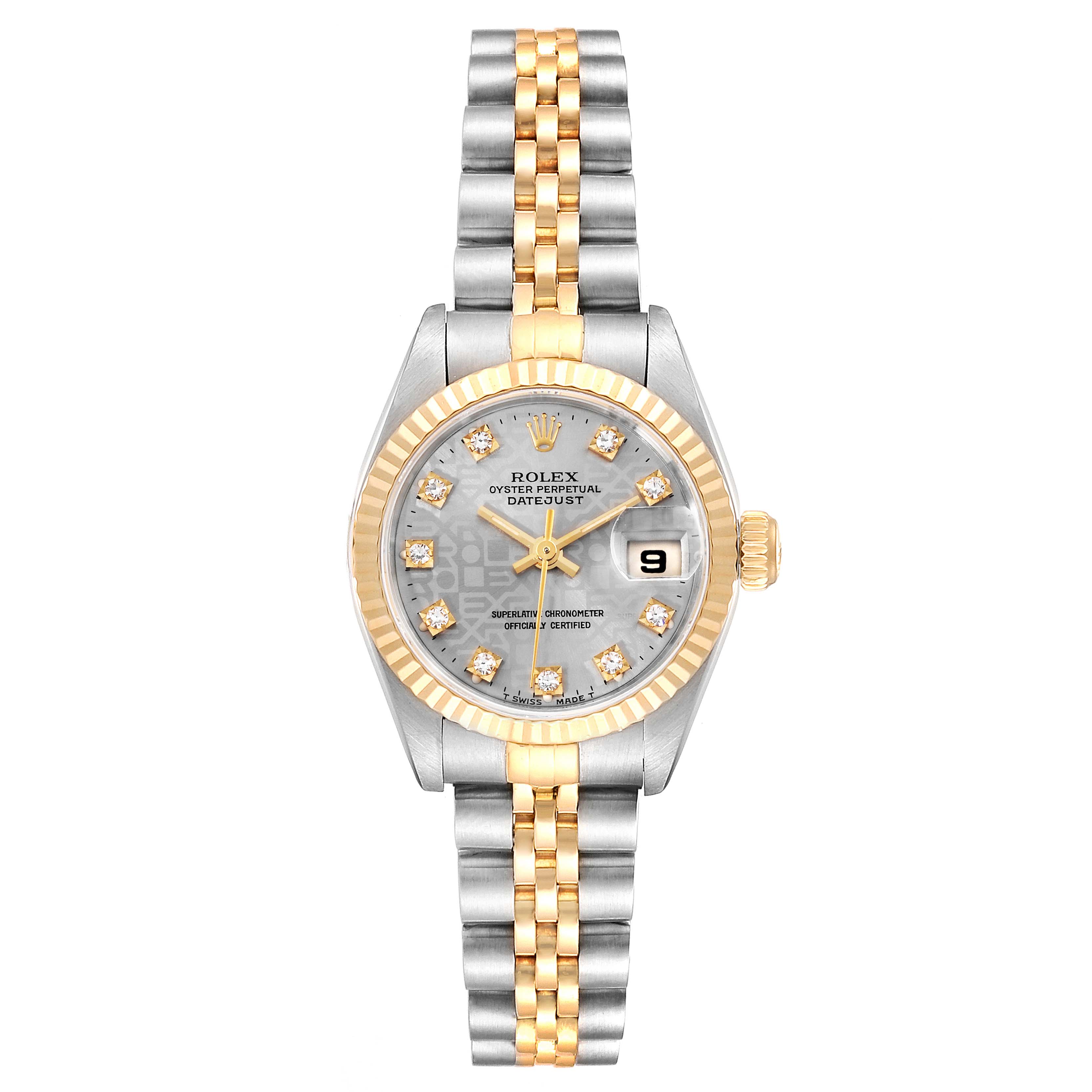 The image shows a front view of a Rolex Datejust 69173 Women's Steel and Gold (two tone) Silver Dial 69173 Women's Steel and Gold (two tone) Silver Dial watch, displaying its face, bezel, and two-tone bracelet.