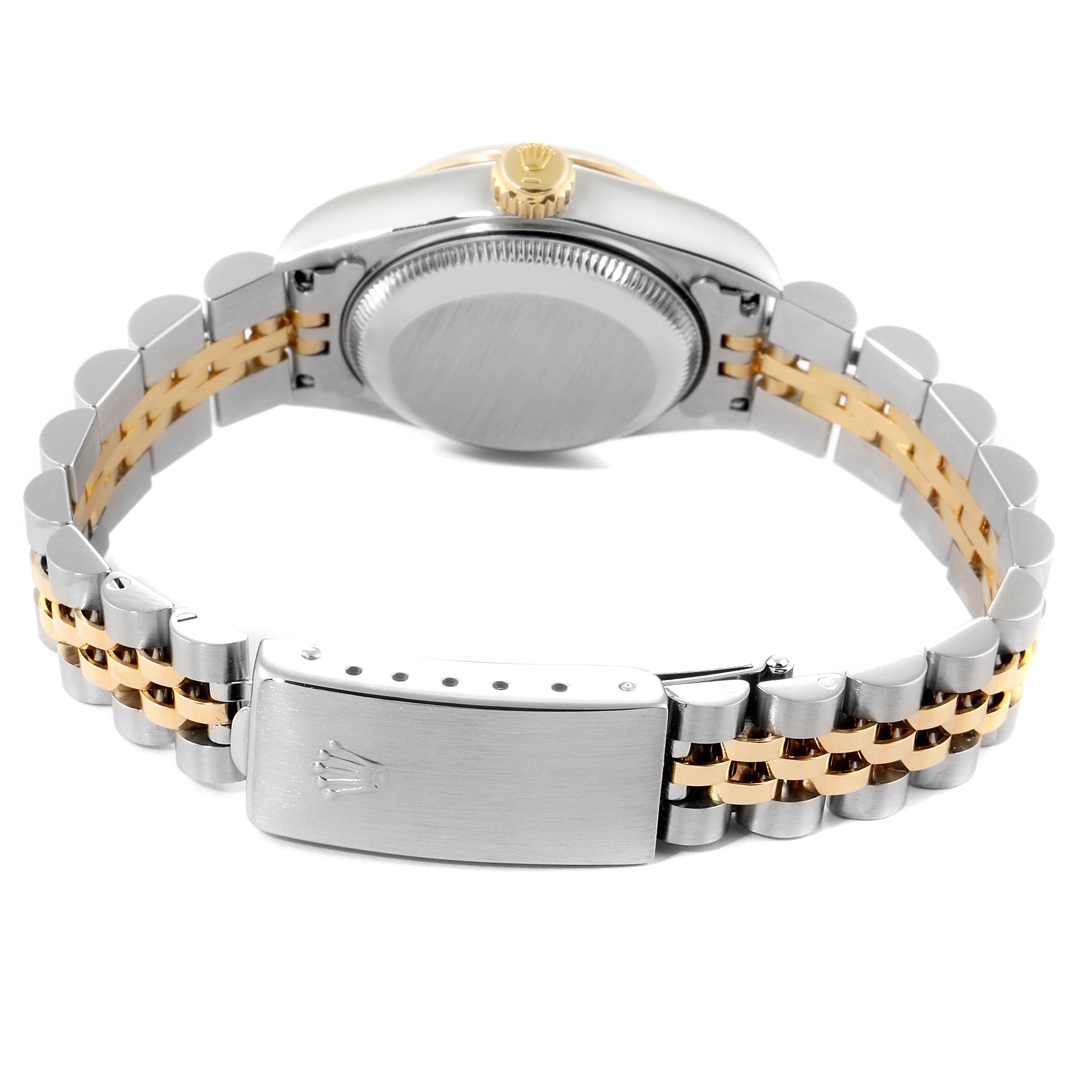 The image shows the back view of a Rolex Datejust 69173 Women's Steel and Gold (two tone) Silver Dial 69173 Women's Steel and Gold (two tone) Silver Dial watch, featuring the case back, crown, and two-tone bracelet with clasp.