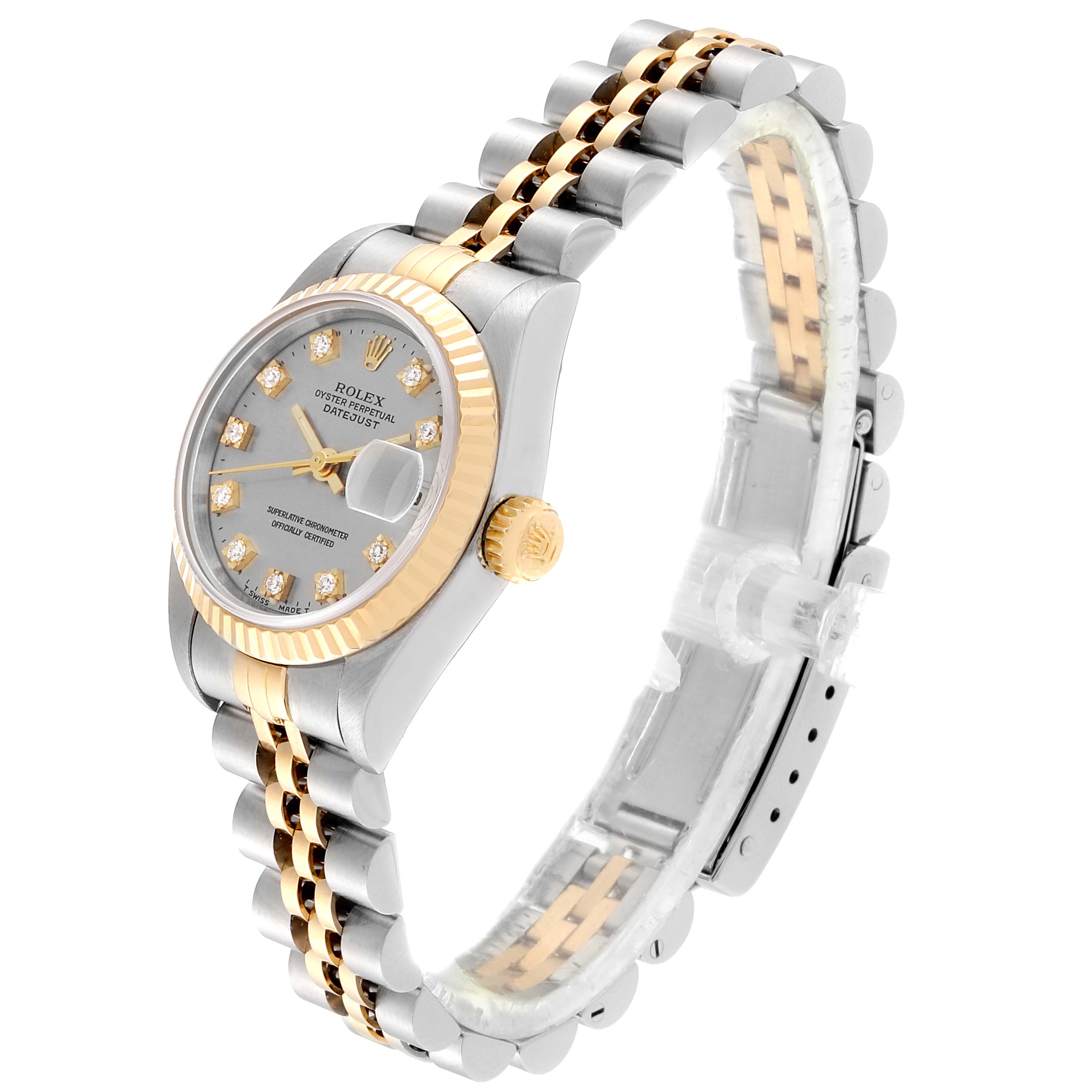 This image shows a Rolex Datejust 69173 Women's Steel and Gold (two tone) Silver Dial 69173 Women's Steel and Gold (two tone) Silver Dial watch at a three-quarter angle, highlighting the dial, bezel, case, and bracelet.