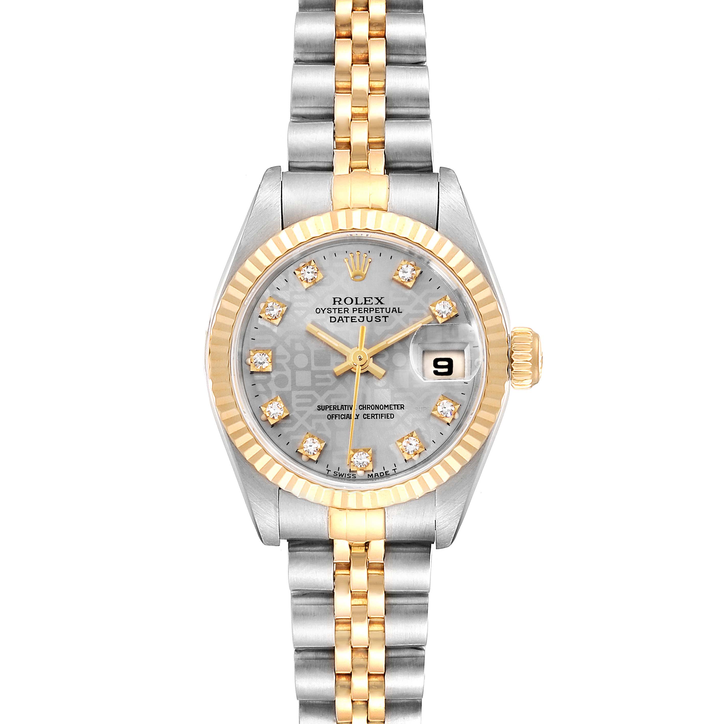The Rolex Datejust 69173 Women's Steel and Gold (two tone) Silver Dial 69173 Women's Steel and Gold (two tone) Silver Dial watch is shown from a front angle, displaying its silver and gold two-tone bracelet, diamond hour markers, and date feature.
