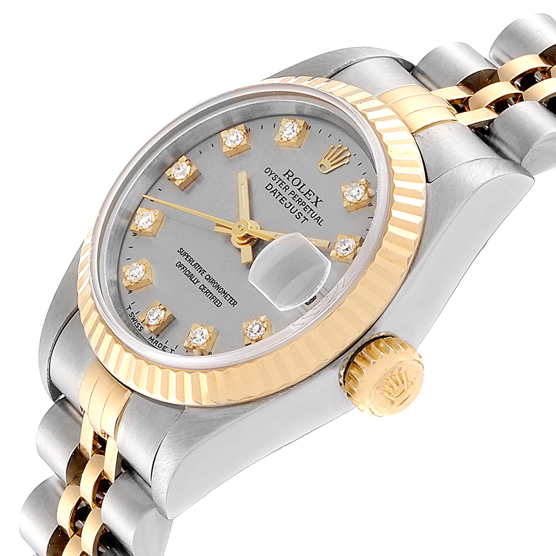 The image shows a close-up angle of a Rolex Datejust 69173 Women's Steel and Gold (two tone) Silver Dial 69173 Women's Steel and Gold (two tone) Silver Dial watch, highlighting the face, bezel, dial, crown, and part of the bracelet.