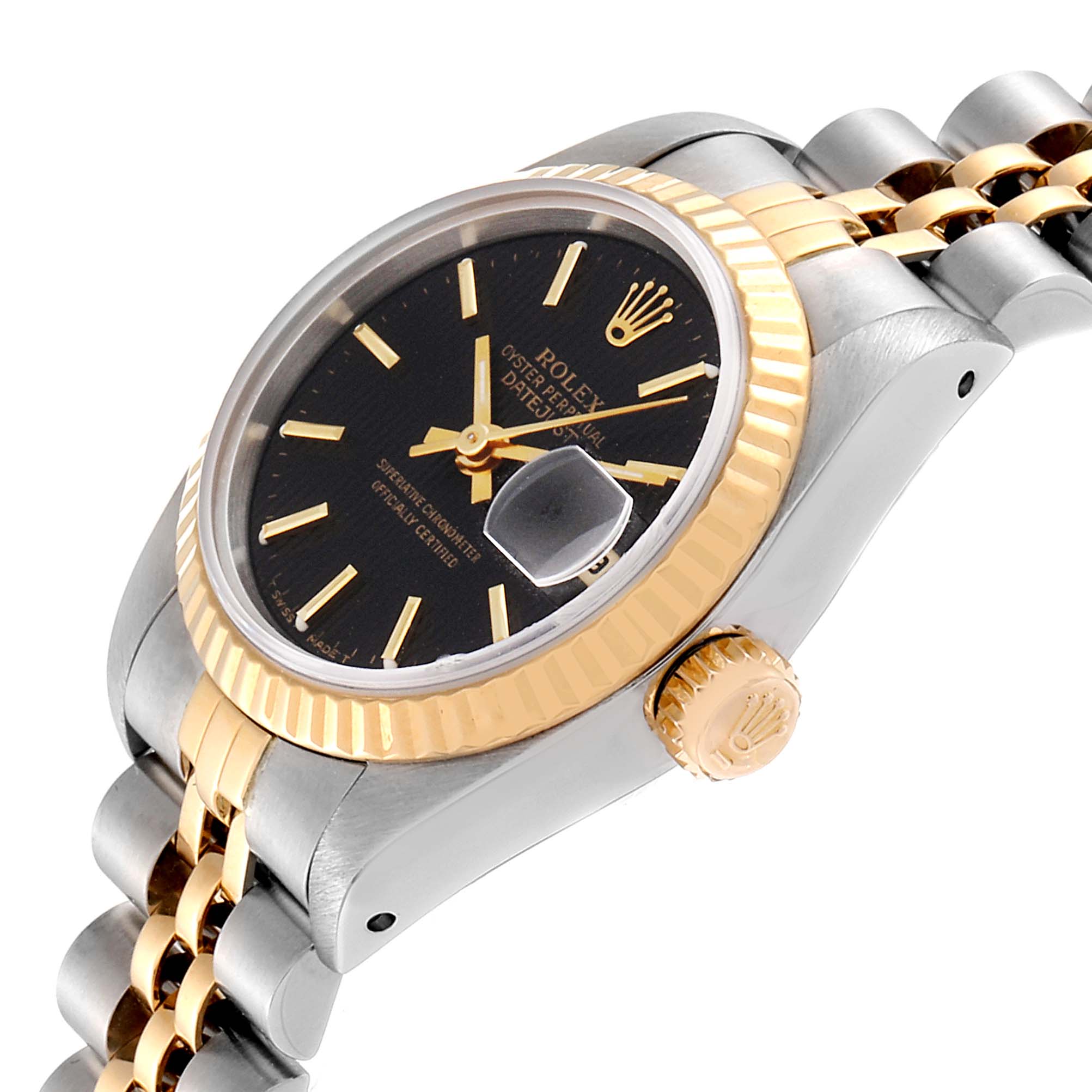 The image shows a side-angle view of a Rolex Datejust 69173 Women
s Steel and Gold (two tone) Black Dial 69173 Women
s Steel and Gold (two tone) Black Dial watch with its crown, bezel, and black dial visible.