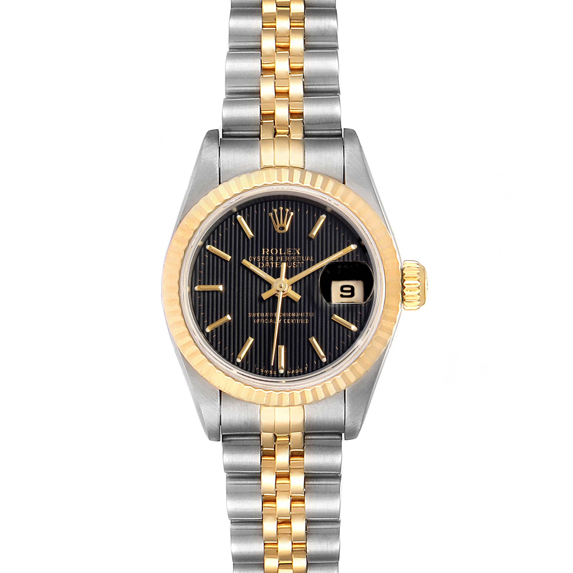 The Rolex Datejust 69173 Women
s Steel and Gold (two tone) Black Dial 69173 Women
s Steel and Gold (two tone) Black Dial watch is shown from a top-down angle, displaying its dial, bezel, and bracelet.