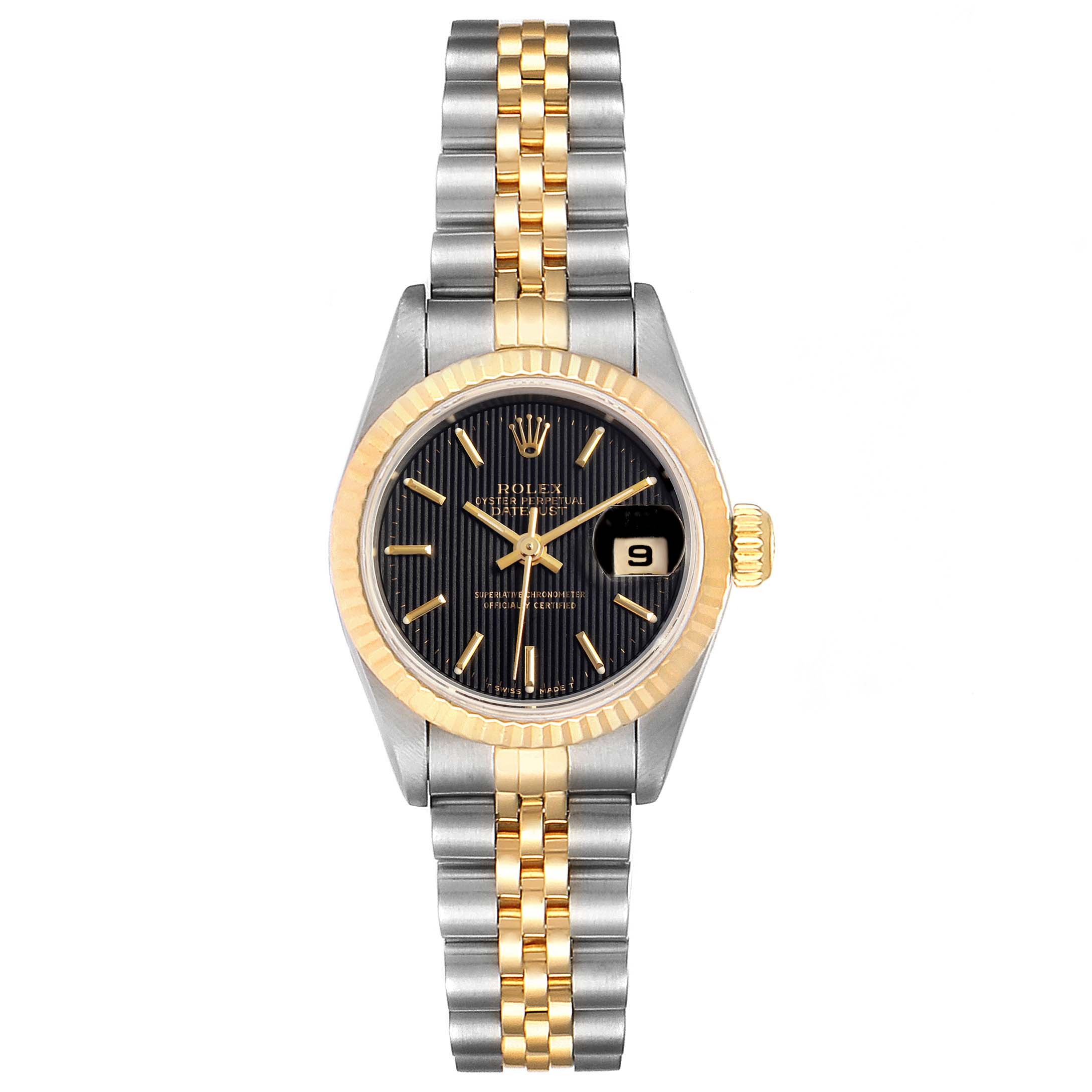 The image shows a Rolex Datejust 69173 Women
s Steel and Gold (two tone) Black Dial 69173 Women
s Steel and Gold (two tone) Black Dial watch from a top-down angle, highlighting its face, bezel, and two-tone bracelet.