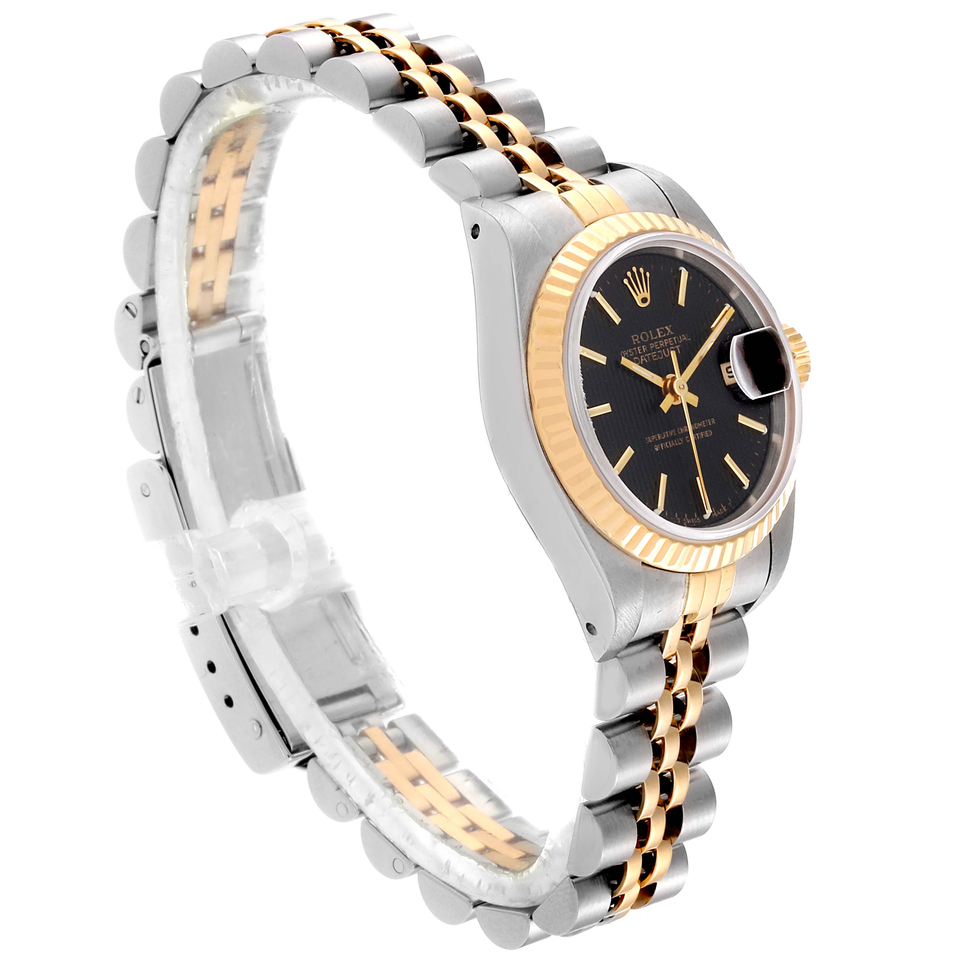 This is a Rolex Datejust 69173 Women
s Steel and Gold (two tone) Black Dial 69173 Women
s Steel and Gold (two tone) Black Dial watch shown at a 3/4 angle, highlighting the face, bezel, and two-tone bracelet.
