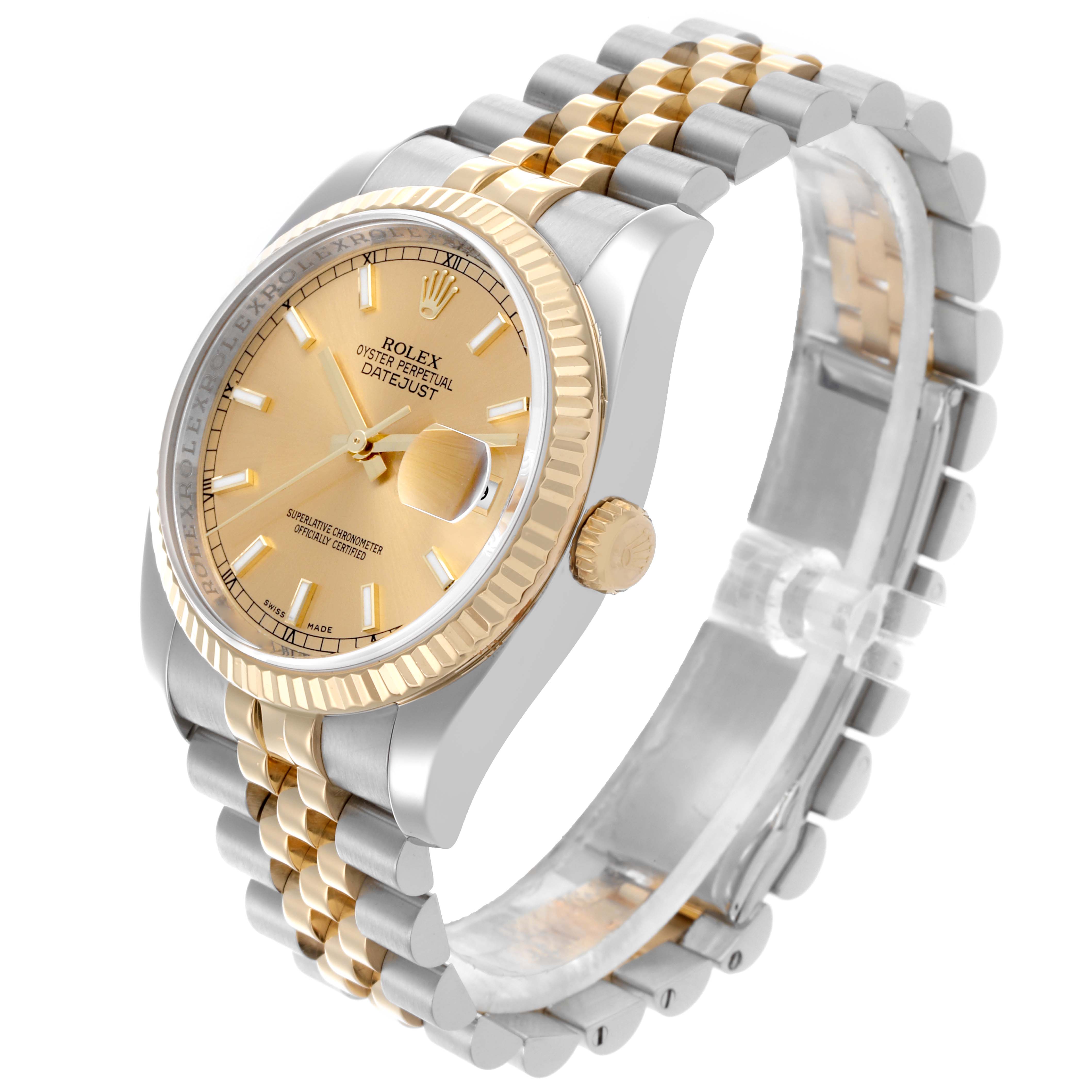 The Rolex Datejust 116233 Men
s Steel and Gold (two tone) Champagne Dial 116233 Men
s Steel and Gold (two tone) Champagne Dial watch is shown at an angled view, highlighting the bezel, dial, crown, and two-tone bracelet.