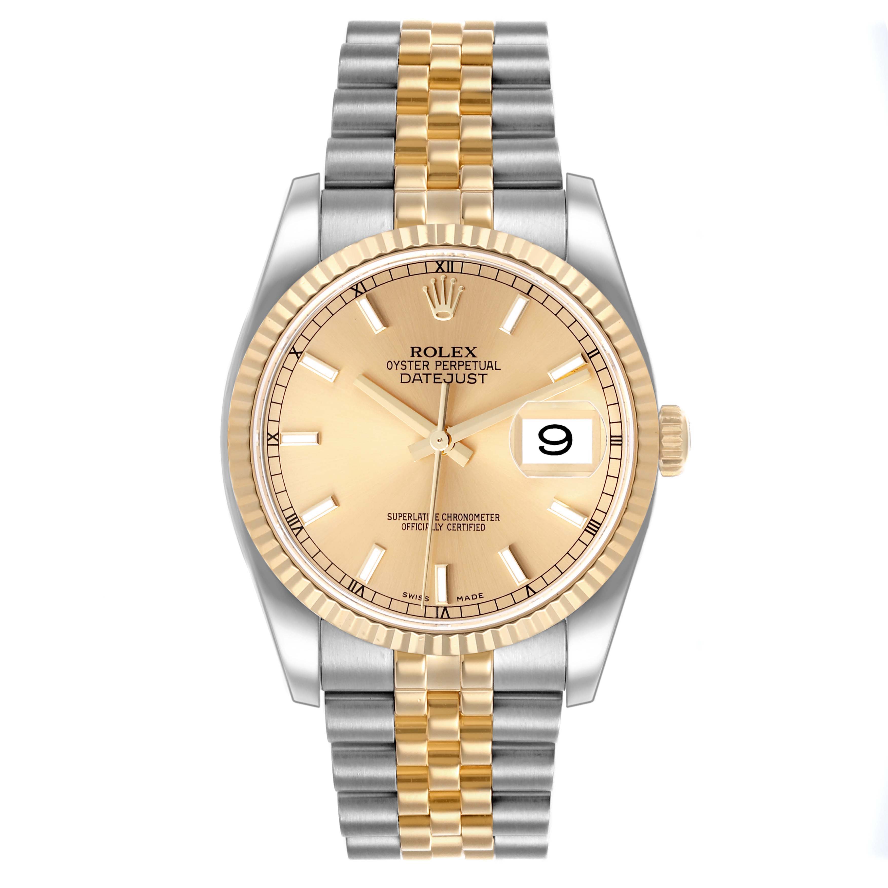 The image shows a front view of a Rolex Datejust 116233 Men
s Steel and Gold (two tone) Champagne Dial 116233 Men
s Steel and Gold (two tone) Champagne Dial watch, highlighting the dial, bezel, crown, and two-tone bracelet.