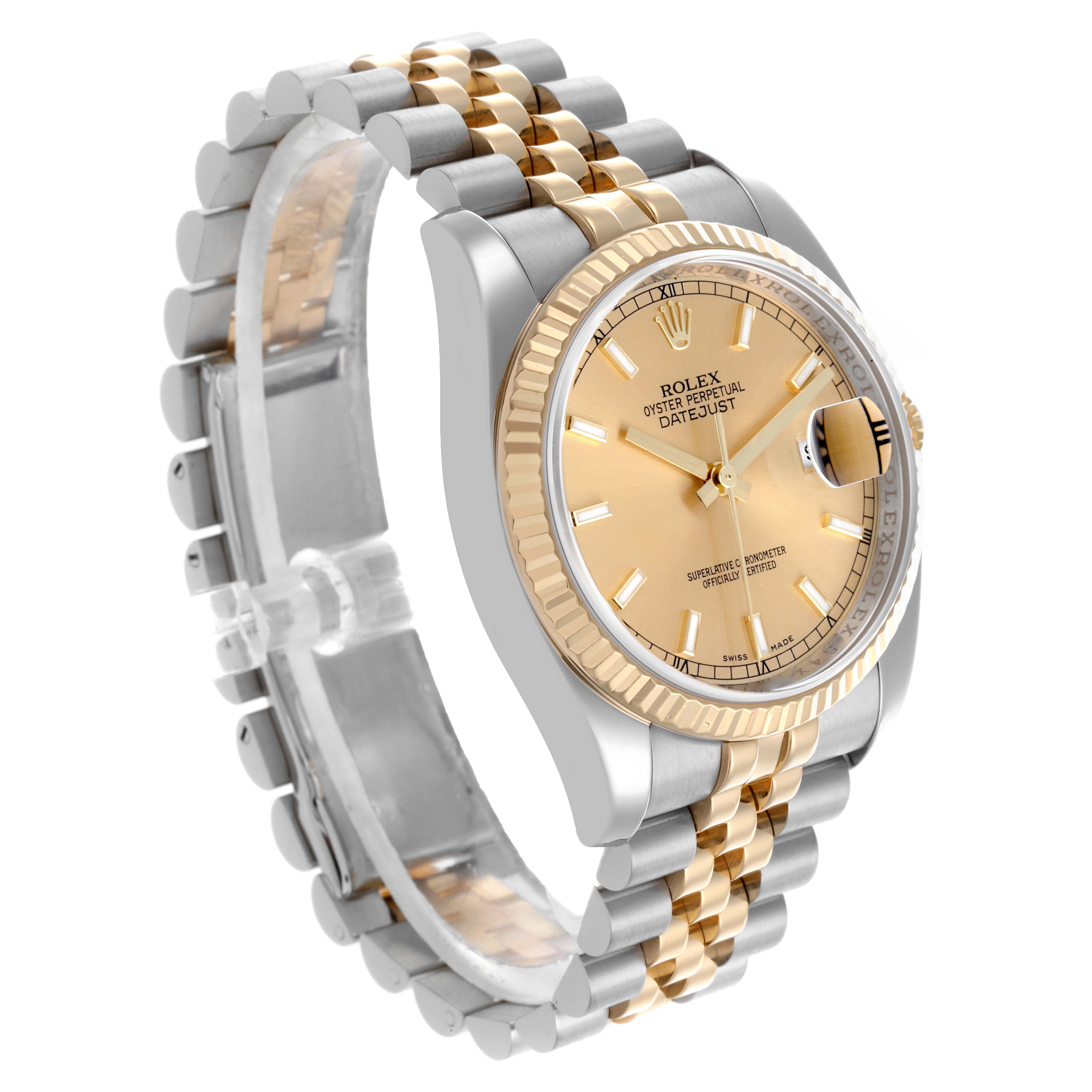 The Rolex Datejust 116233 Men
s Steel and Gold (two tone) Champagne Dial 116233 Men
s Steel and Gold (two tone) Champagne Dial watch is shown at a side angle, highlighting the dial, bracelet, and fluted bezel.
