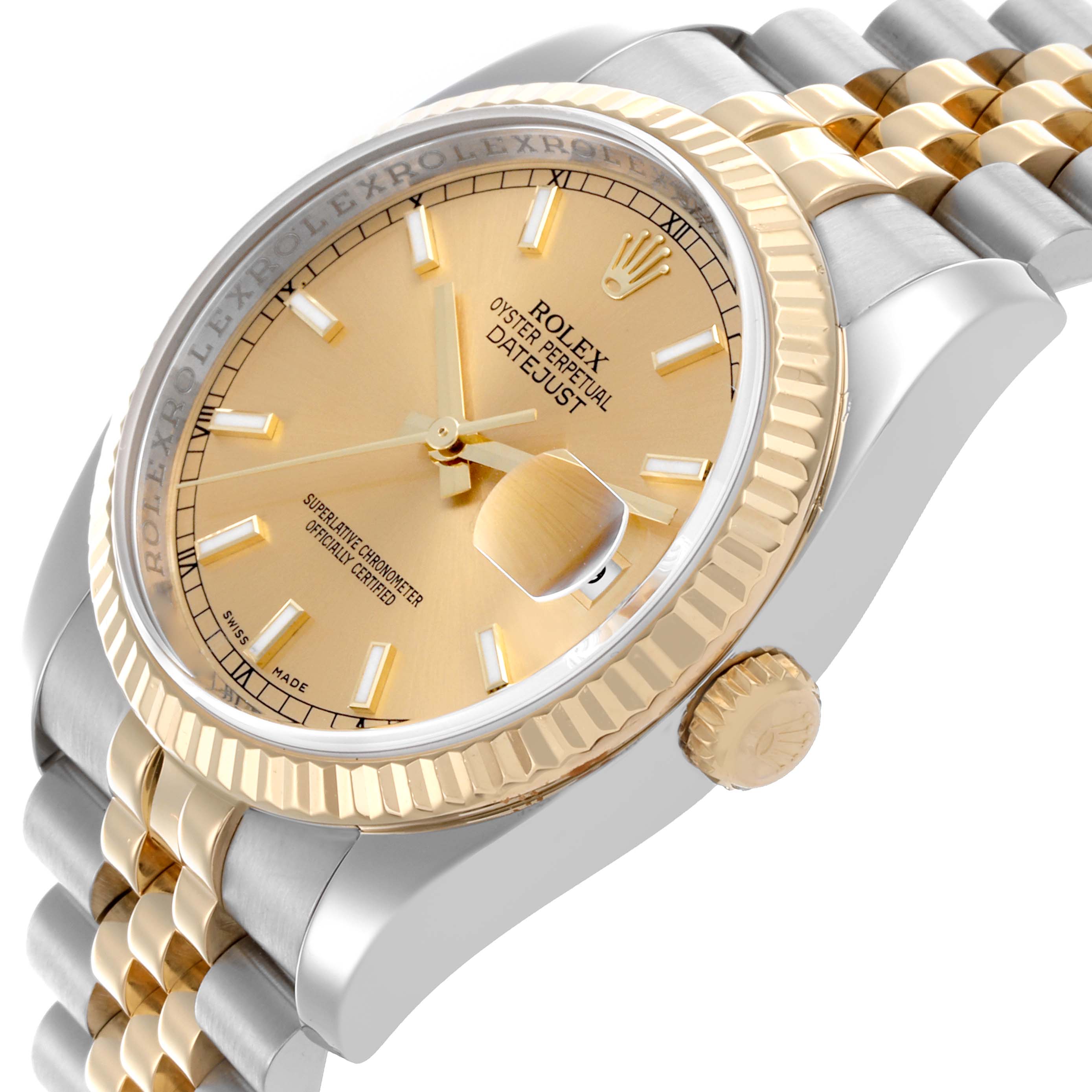 The Rolex Datejust 116233 Men
s Steel and Gold (two tone) Champagne Dial 116233 Men
s Steel and Gold (two tone) Champagne Dial is shown from an angled side view, highlighting the dial, bezel, and jubilee bracelet.