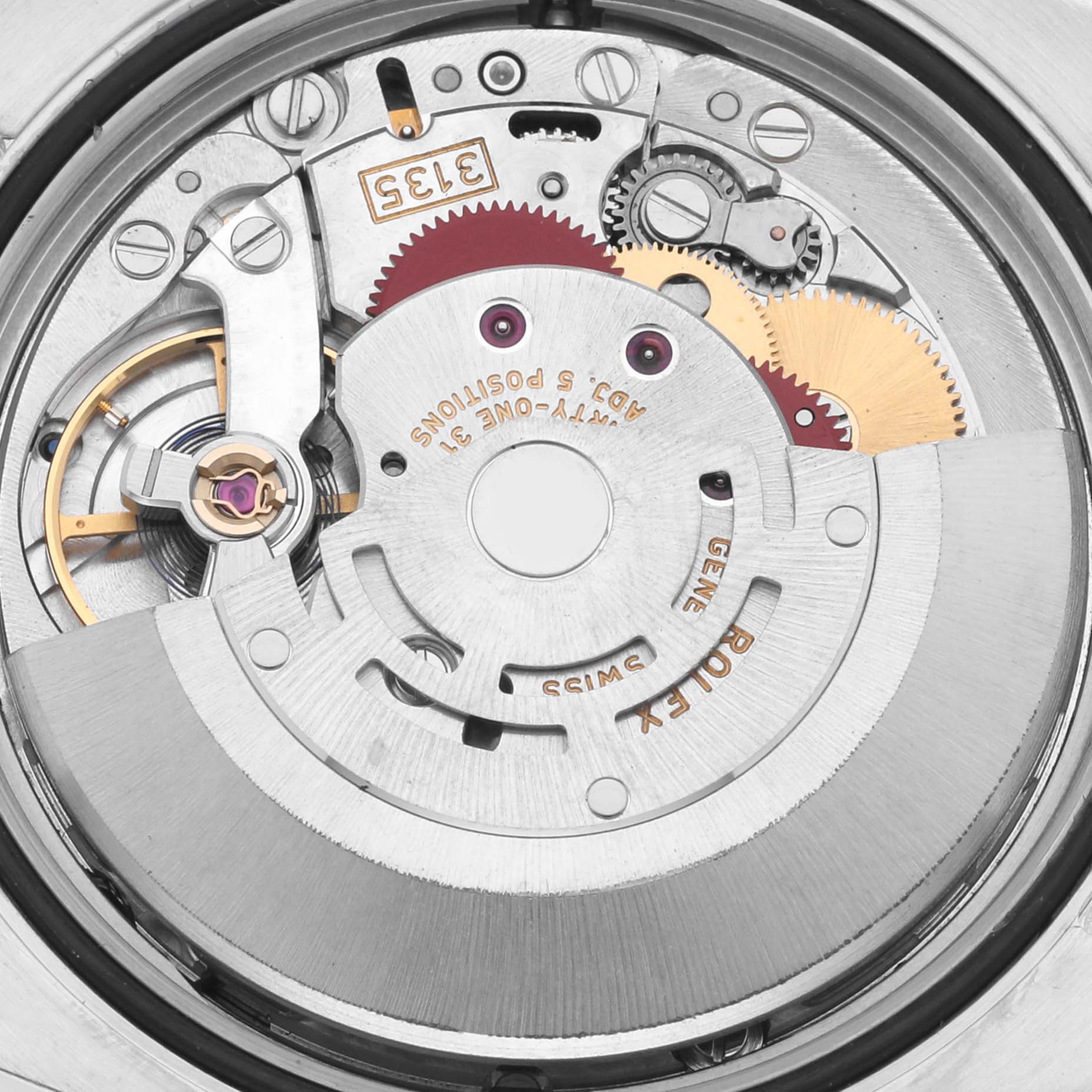 The image shows the intricate movement and rotor of a Rolex Datejust 116233 Men
s Steel and Gold (two tone) Champagne Dial 116233 Men
s Steel and Gold (two tone) Champagne Dial watch from a top-down angle.