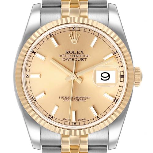 The image shows a front view of the Rolex Datejust watch, highlighting the dial, bezel, and part of the bracelet.