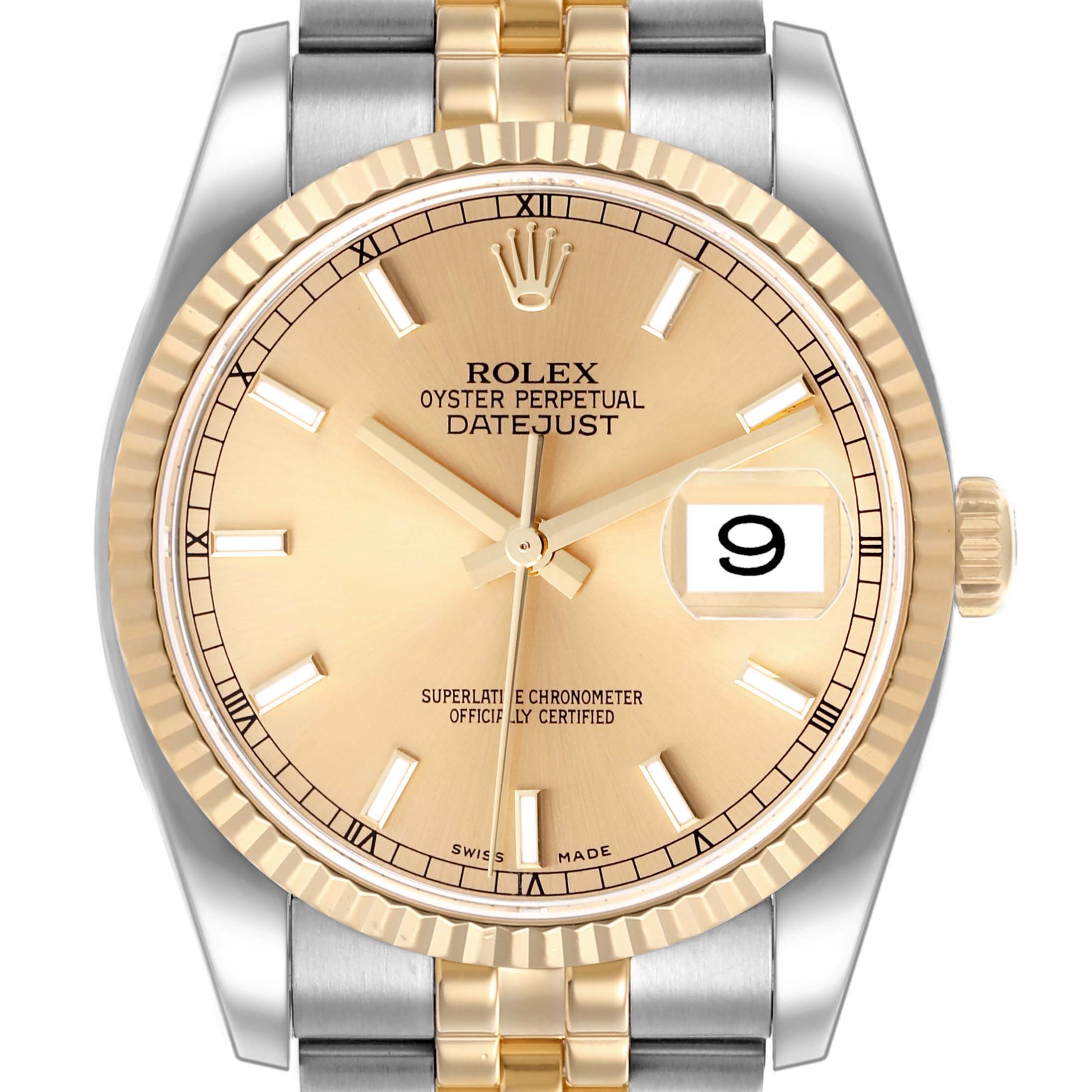 The Rolex Datejust 116233 Men
s Steel and Gold (two tone) Champagne Dial 116233 Men
s Steel and Gold (two tone) Champagne Dial watch is shown from the front, displaying the dial, fluted bezel, bracelet, and part of the crown.