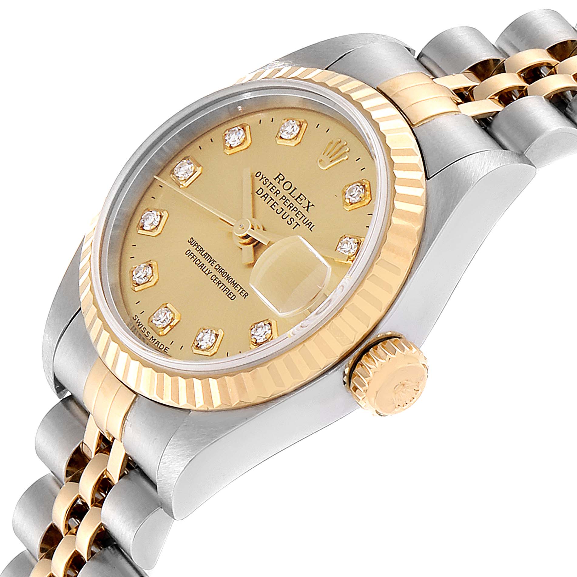 The Rolex Datejust 79173 Women's Steel and Gold (two tone) Champagne Dial 79173 Women's Steel and Gold (two tone) Champagne Dial watch is shown at a slight angle, highlighting the face, crown, bezel, and part of the bracelet.