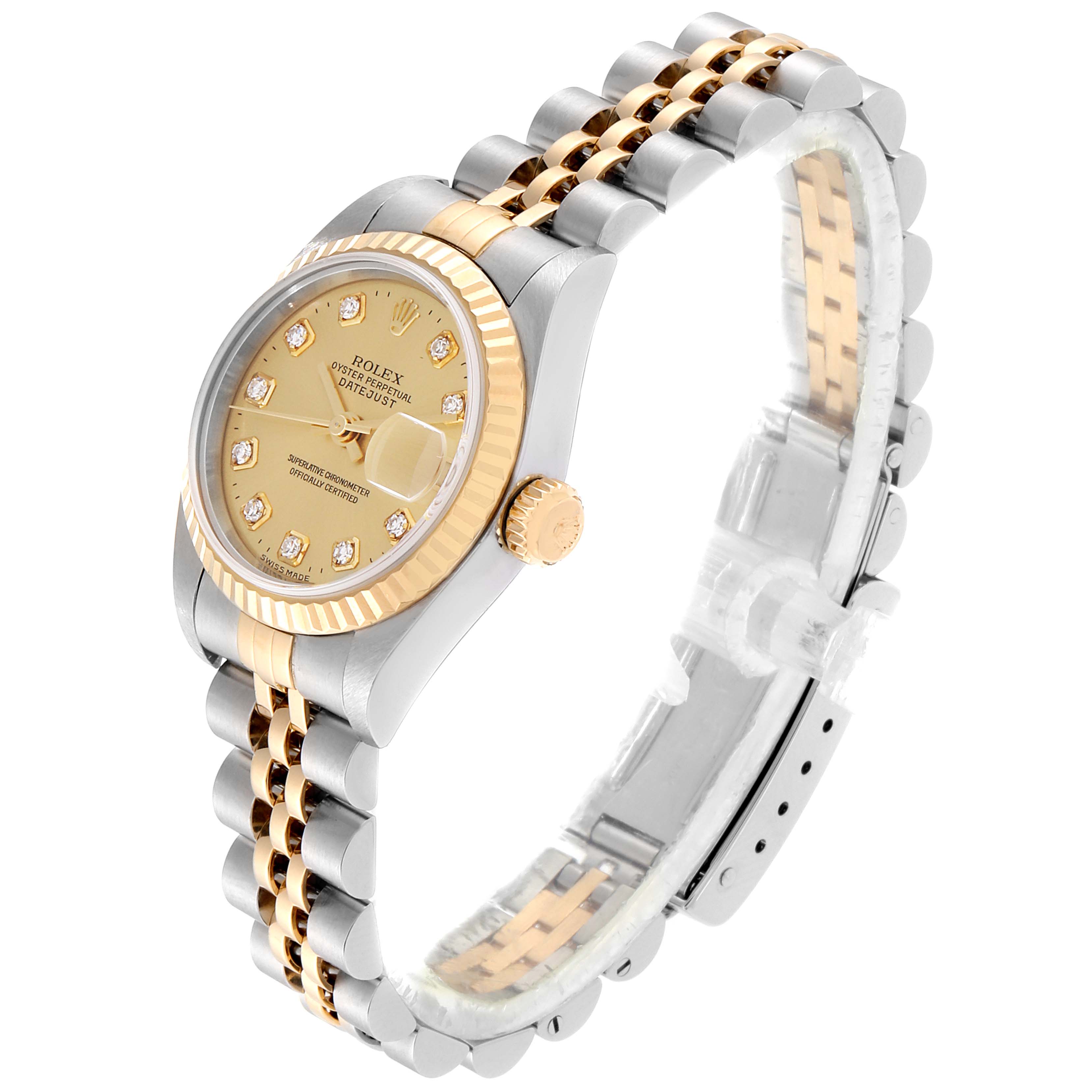 The image shows a Rolex Datejust 79173 Women's Steel and Gold (two tone) Champagne Dial 79173 Women's Steel and Gold (two tone) Champagne Dial watch at a three-quarter angle, highlighting its dial, bezel, crown, and two-tone bracelet.