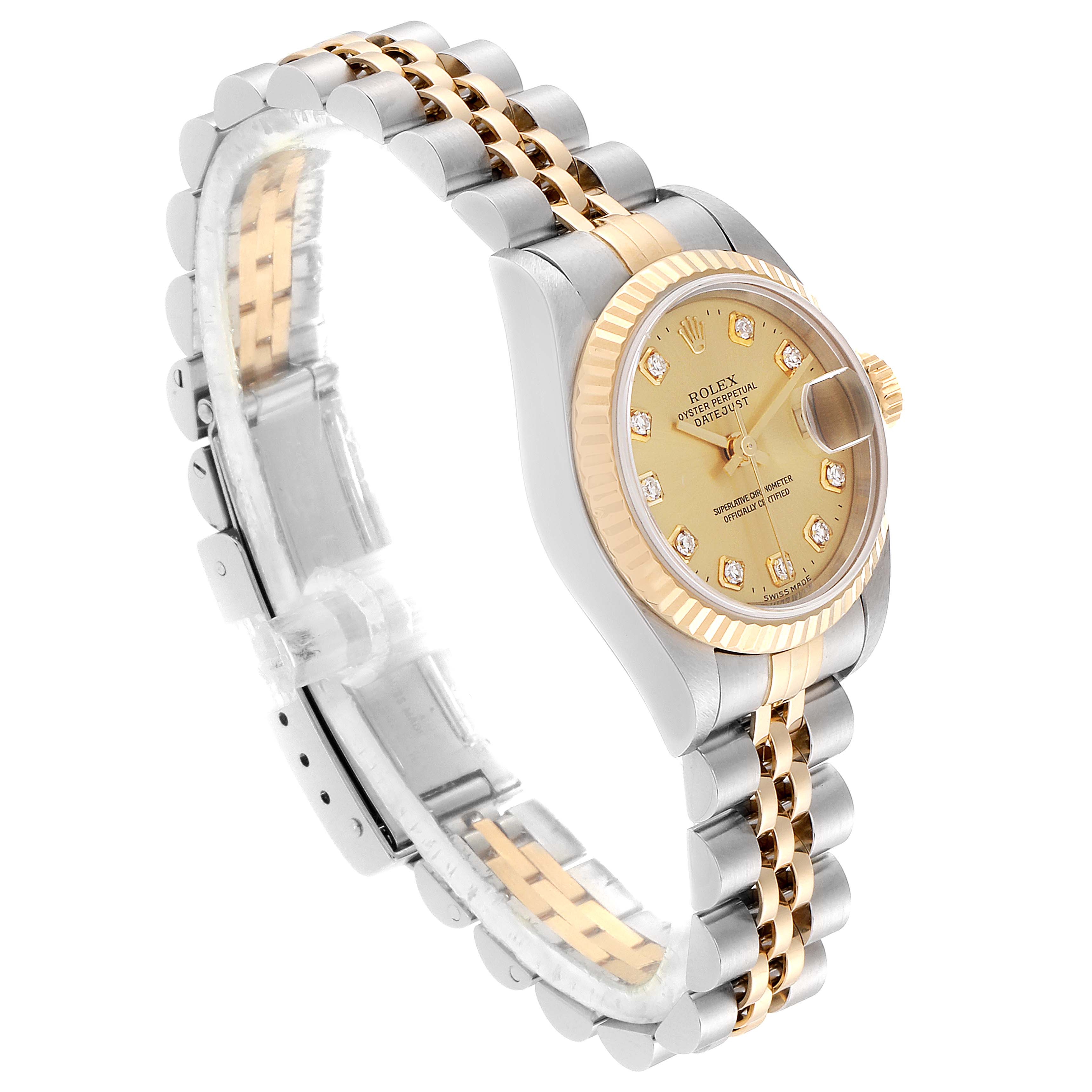 The Rolex Datejust 79173 Women's Steel and Gold (two tone) Champagne Dial 79173 Women's Steel and Gold (two tone) Champagne Dial watch is shown at a side angle with a two-tone bracelet and diamond-set gold dial.