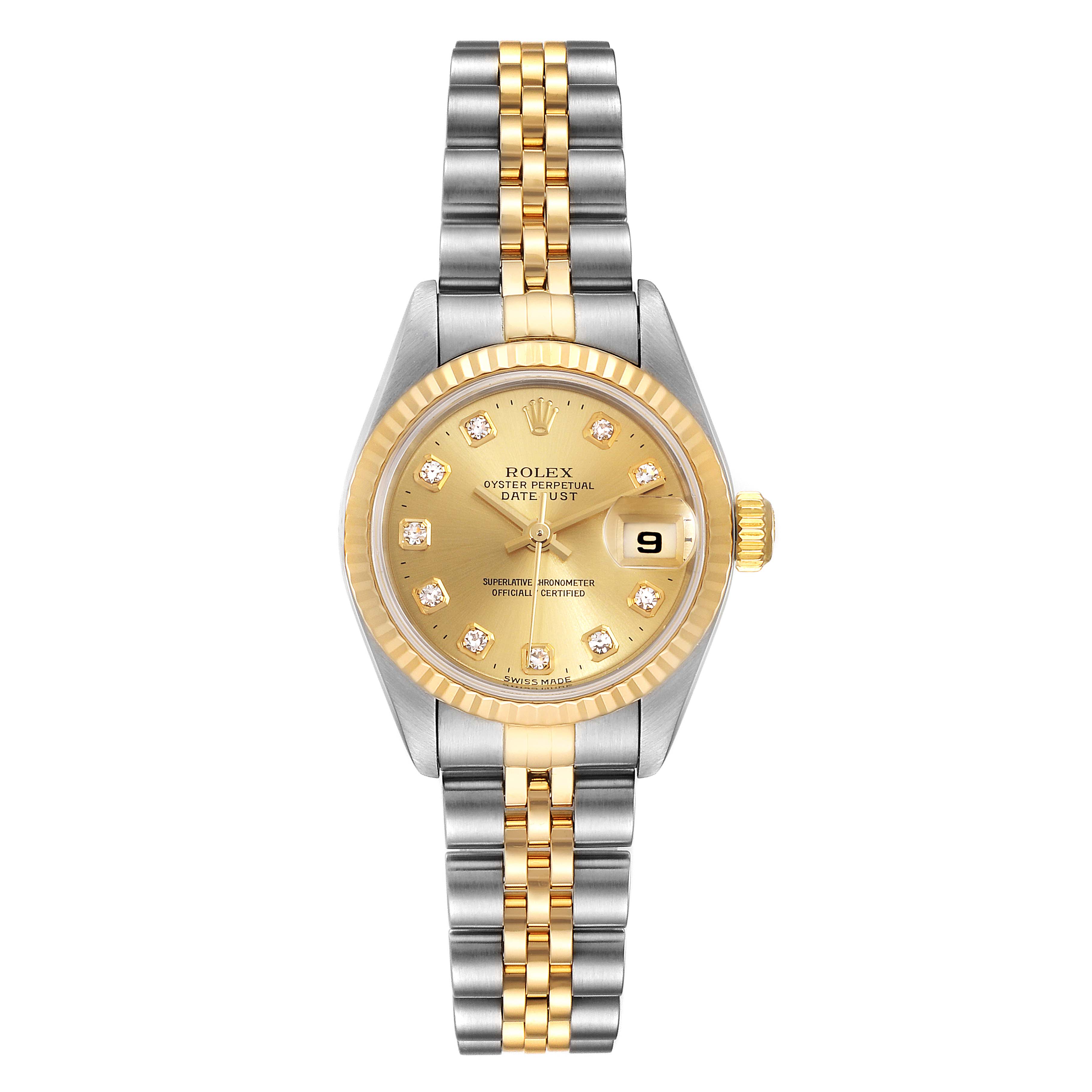 This image shows a frontal view of a Rolex Datejust 79173 Women's Steel and Gold (two tone) Champagne Dial 79173 Women's Steel and Gold (two tone) Champagne Dial watch, highlighting its gold and silver bracelet and the gold dial with date display.