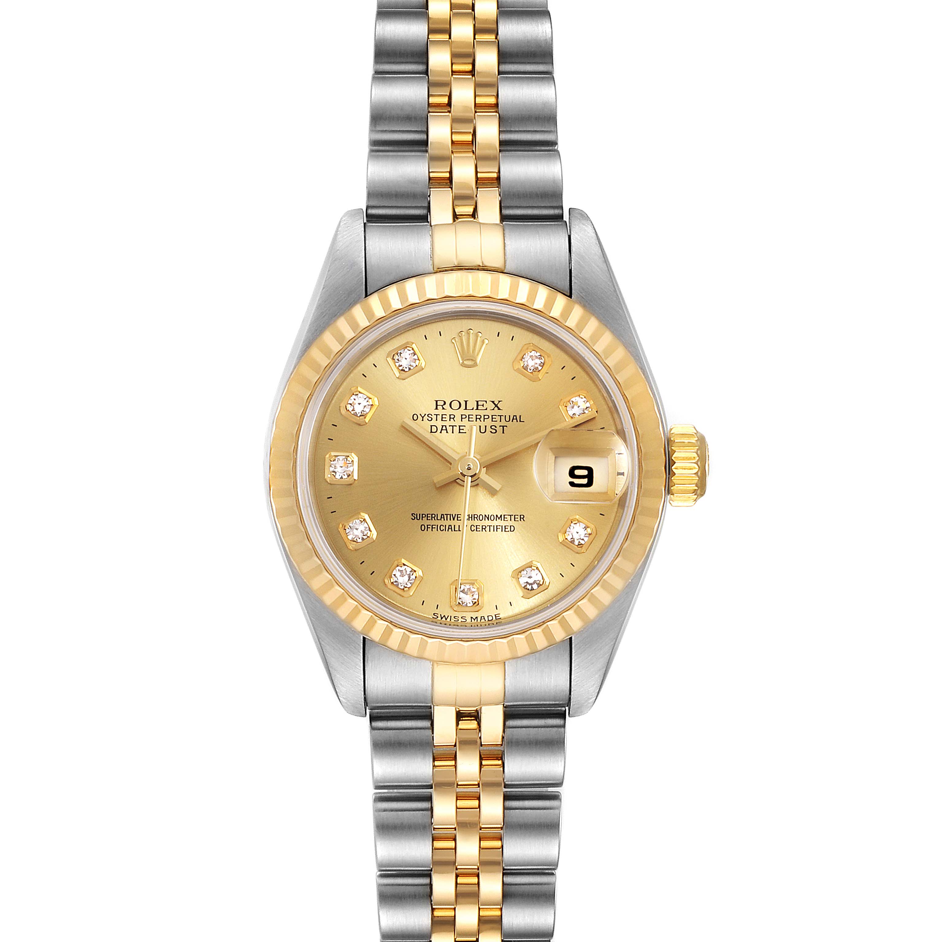 This image shows a Rolex Datejust 79173 Women's Steel and Gold (two tone) Champagne Dial 79173 Women's Steel and Gold (two tone) Champagne Dial watch from the front, highlighting its gold and silver band, gold dial, and date window.