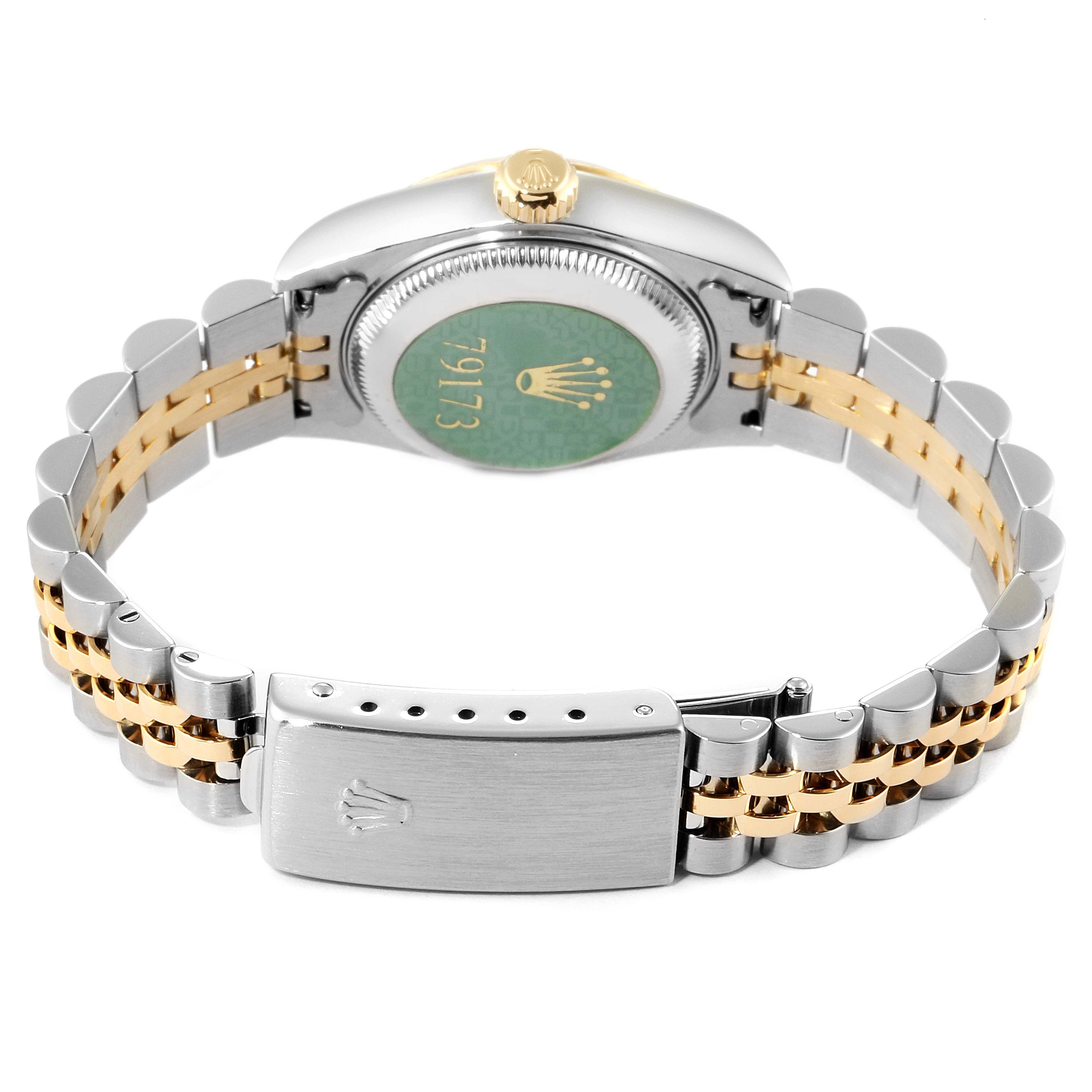 The image shows the back of a Rolex Datejust 79173 Women's Steel and Gold (two tone) Champagne Dial 79173 Women's Steel and Gold (two tone) Champagne Dial watch, focusing on its two-tone bracelet and clasp.