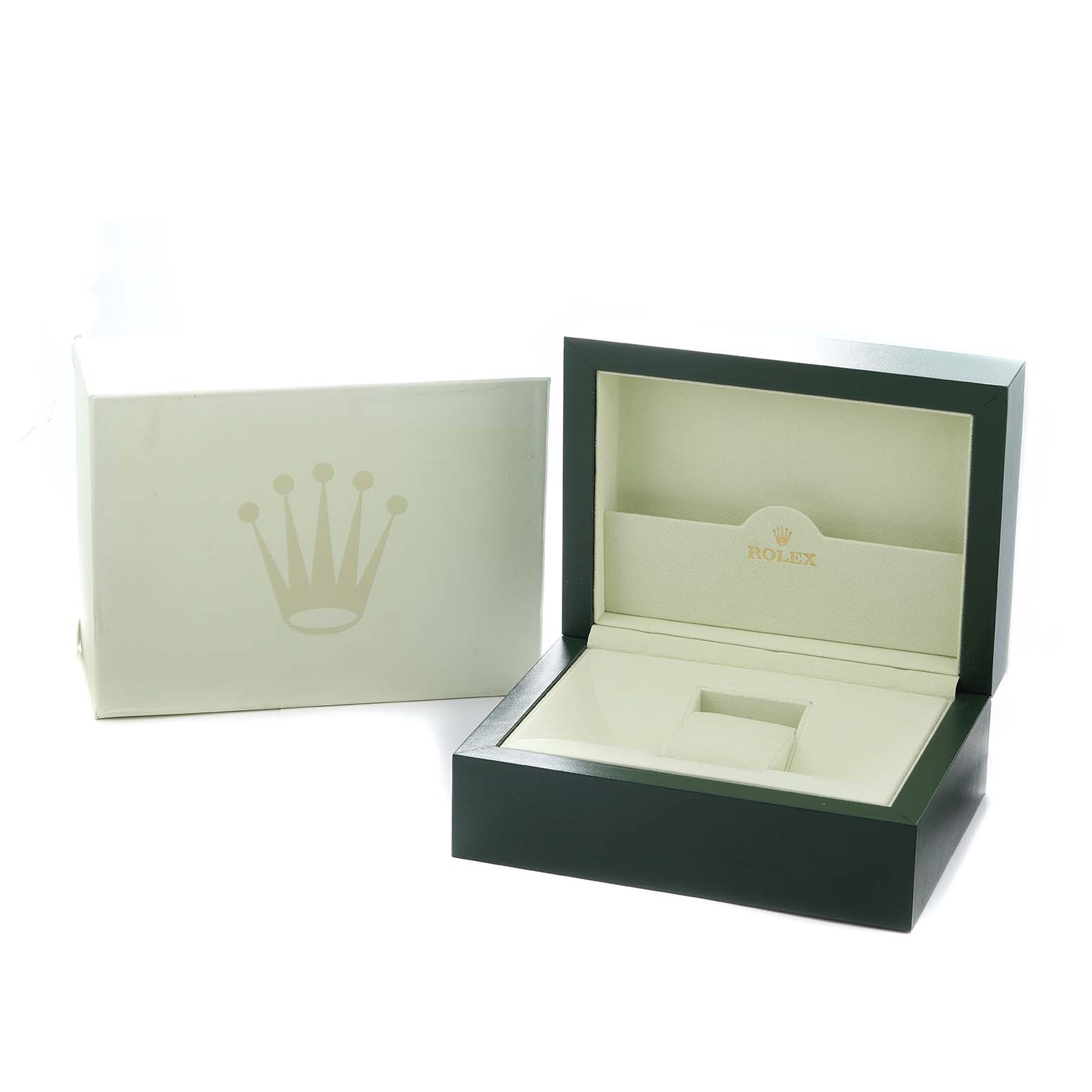 The image shows an open Rolex Datejust 116233 Men
s Steel and Gold (two tone) Silver Dial watch box, featuring the branded outer case and inner cushioned display, viewed from the front.