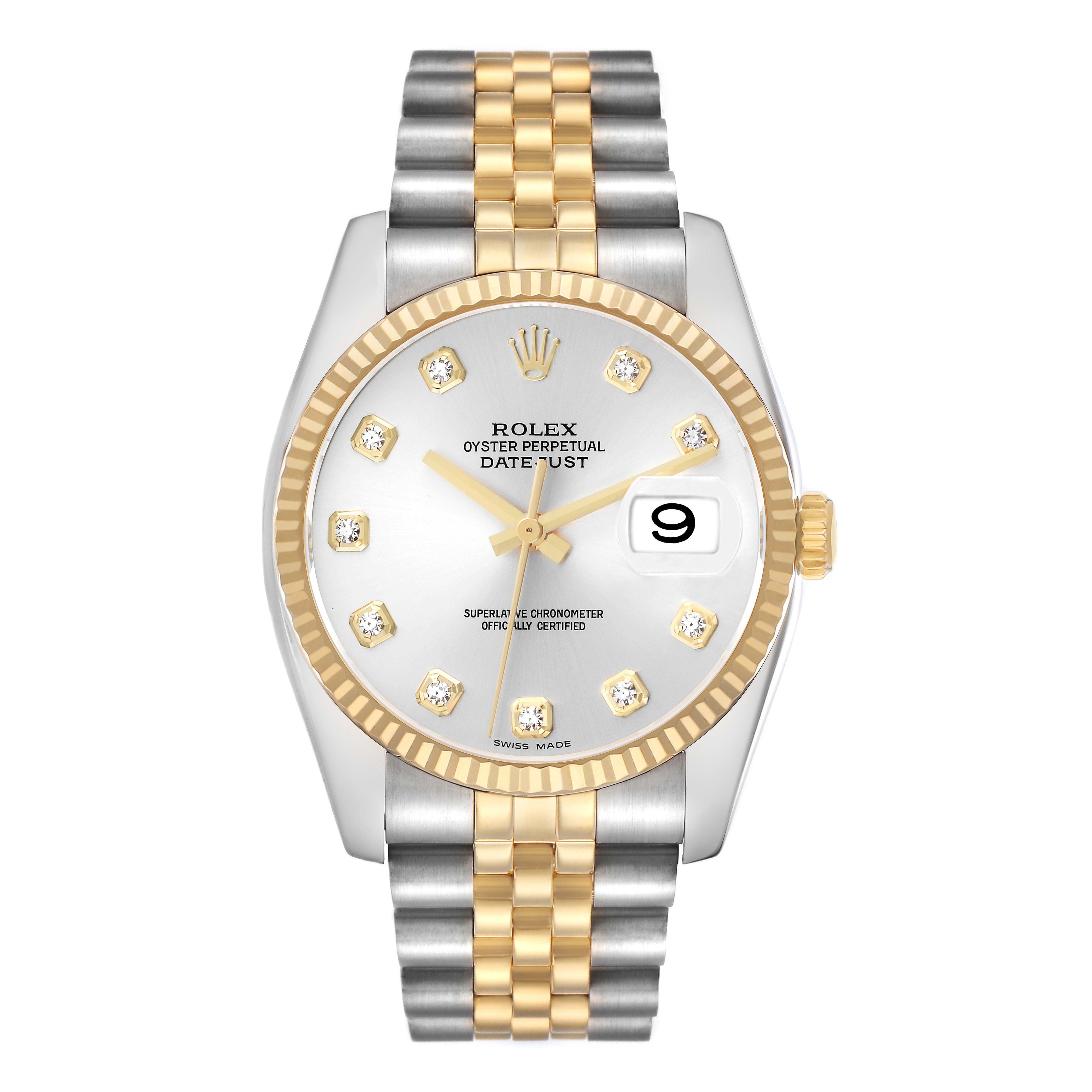 The image shows a frontal view of the Rolex Datejust 116233 Men
s Steel and Gold (two tone) Silver Dial, highlighting the bezel, dial, bracelet, and crown.