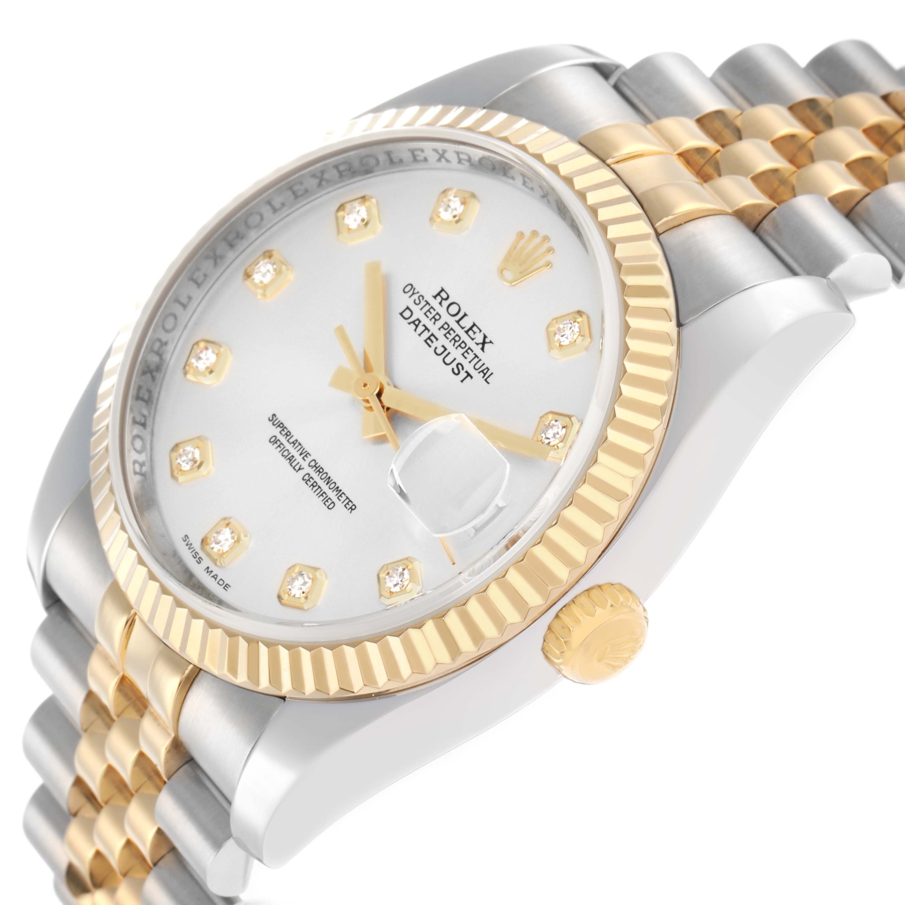 The image shows a Rolex Datejust 116233 Men
s Steel and Gold (two tone) Silver Dial watch at an angled view displaying the face, bezel, crown, and part of the bracelet.