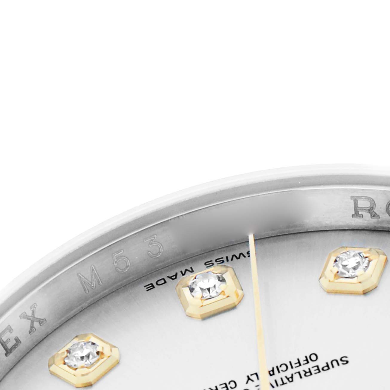 The image shows a close-up of the Rolex Datejust 116233 Men
s Steel and Gold (two tone) Silver Dial watch dial, highlighting diamond hour markers and part of the branding.