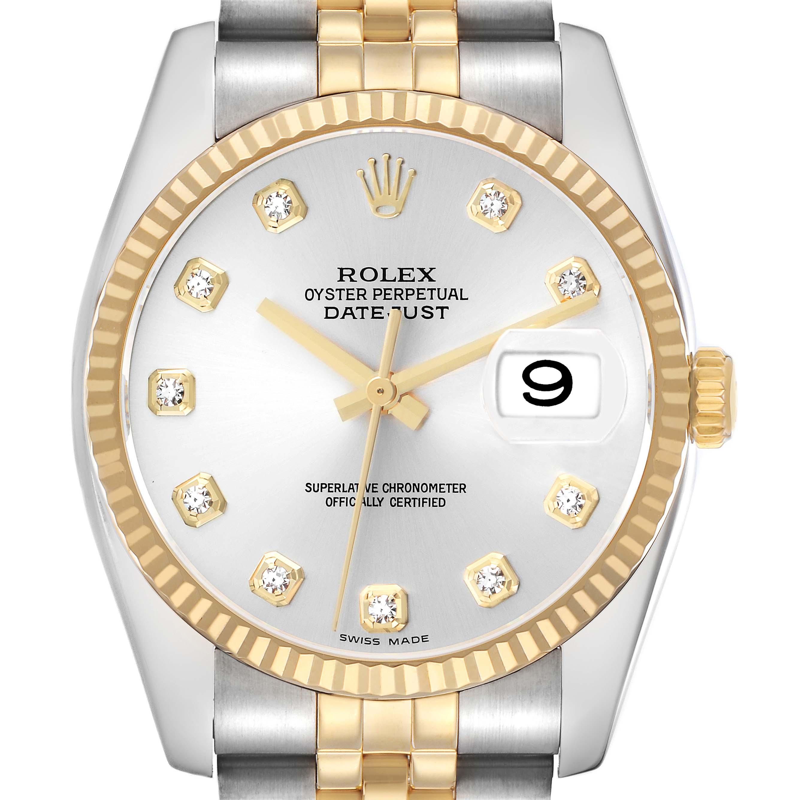 This Rolex Datejust 116233 Men
s Steel and Gold (two tone) Silver Dial watch is shown from the front, displaying the face, bezel, crown, and part of the bracelet.
