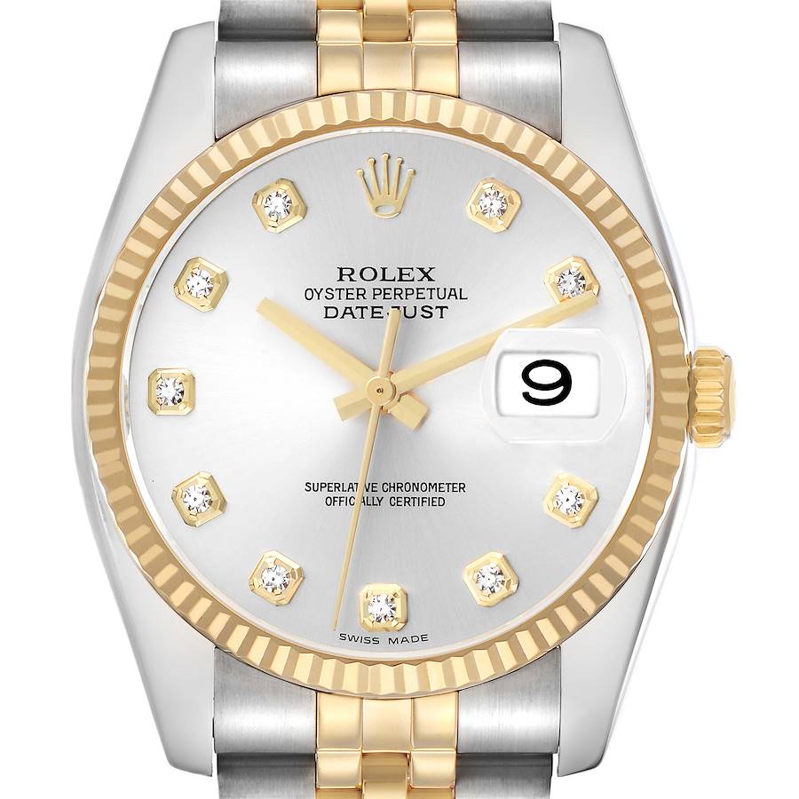 This Rolex Datejust 116233 Men's Steel and Gold (two tone) Silver Dial watch is shown from the front, displaying the face, bezel, crown, and part of the bracelet.