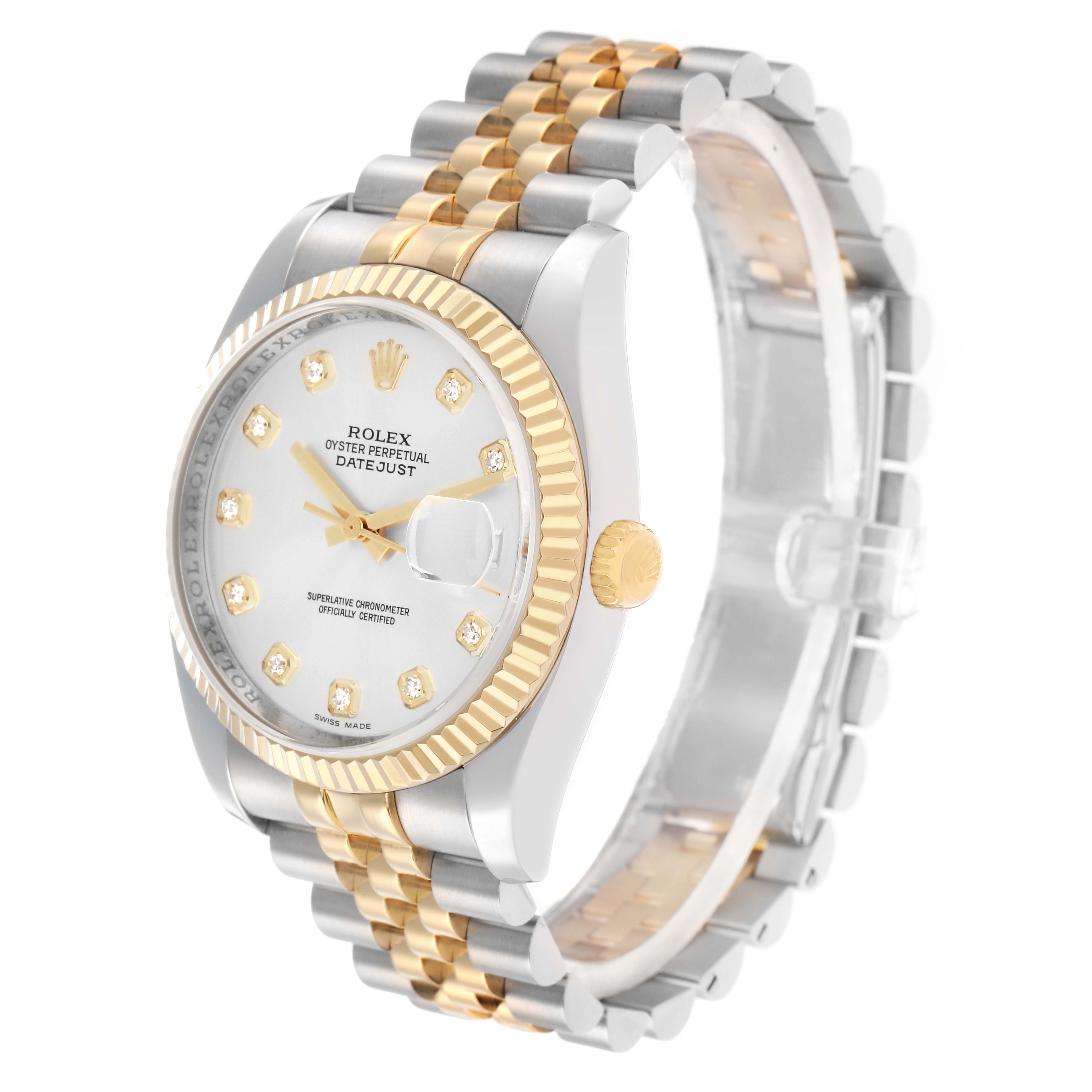 The Rolex Datejust 116233 Men
s Steel and Gold (two tone) Silver Dial watch is shown at a slight angle, displaying the dial, bezel, crown, and partial bracelet.
