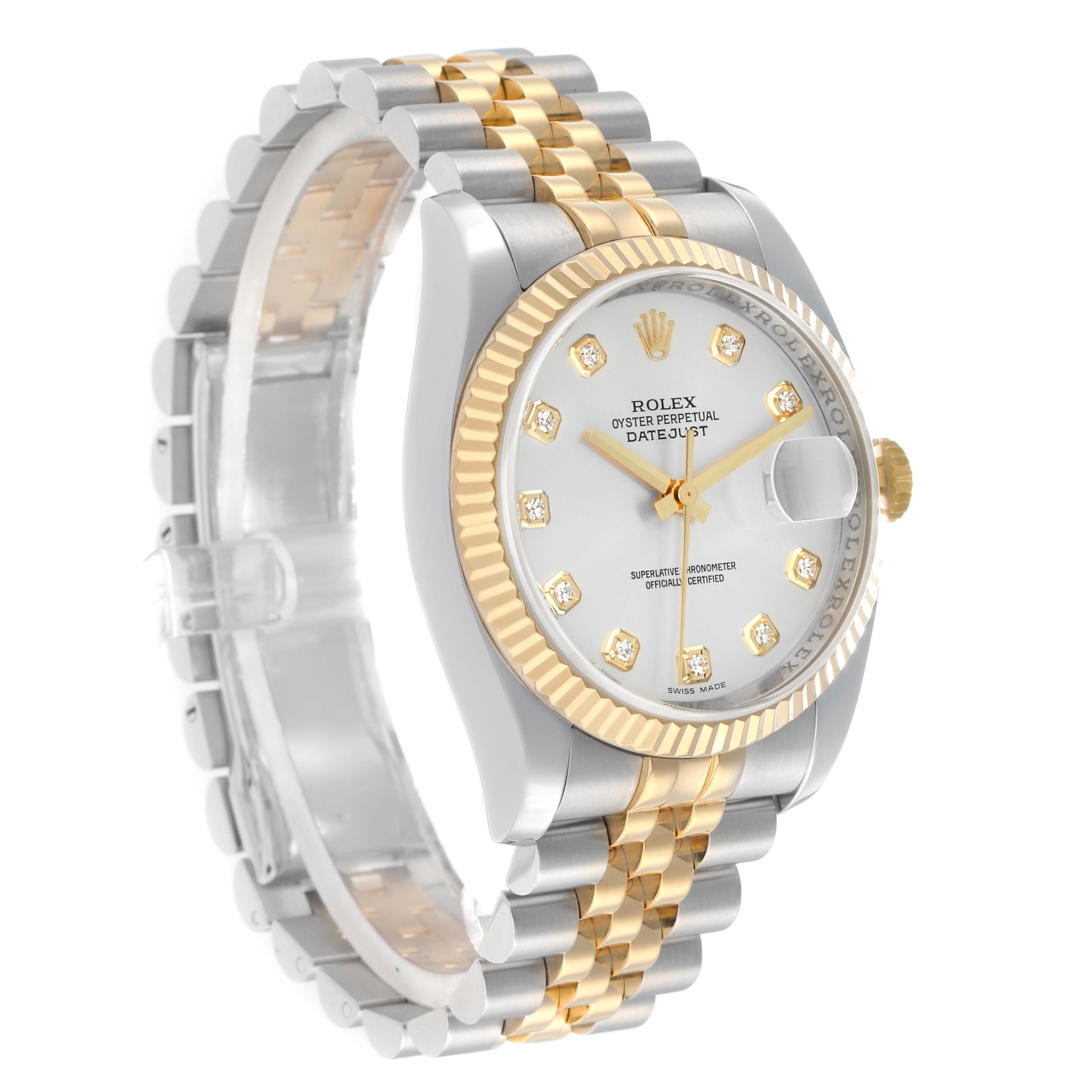 The Rolex Datejust 116233 Men
s Steel and Gold (two tone) Silver Dial watch is shown at an angle highlighting its bezel, dial, and two-tone bracelet.
