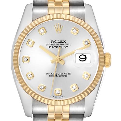 The Rolex Datejust 116233 Men's Steel and Gold (two tone) Silver Dial watch is shown from the front, displaying its dial, hands, date window, and part of the bracelet.