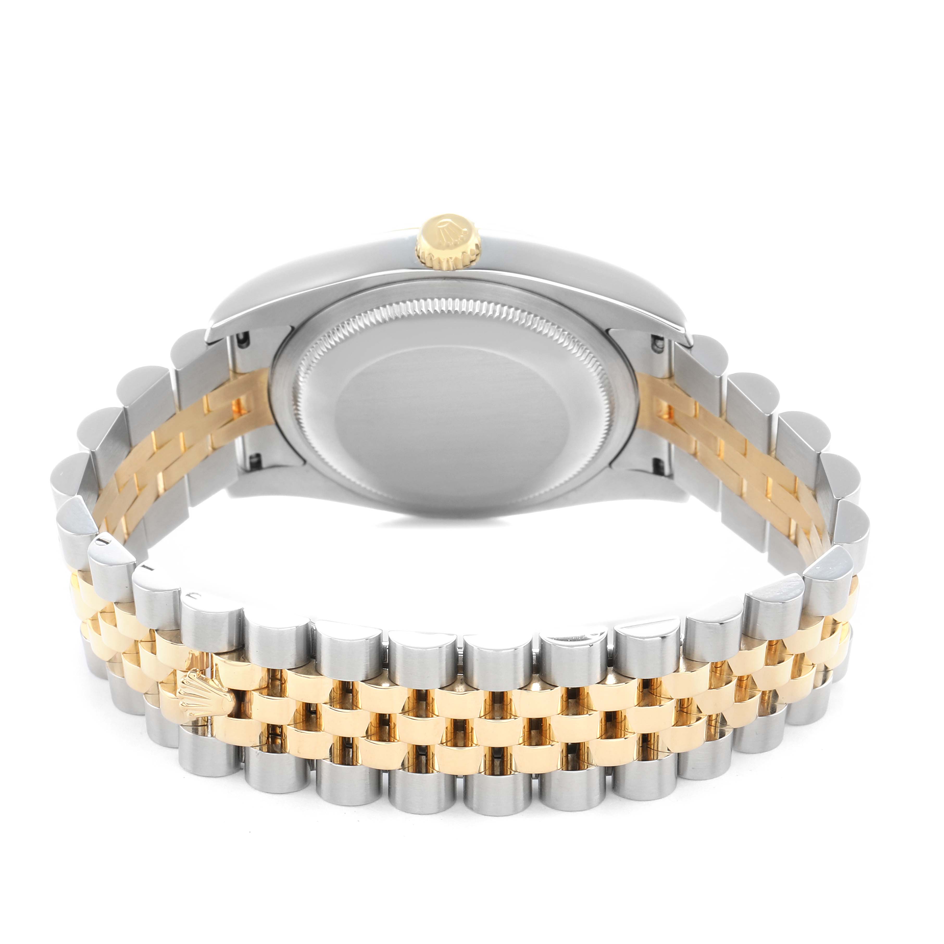 The image shows the back of a Rolex Datejust 116233 Men
s Steel and Gold (two tone) Silver Dial with a two-tone bracelet and the caseback visible.
