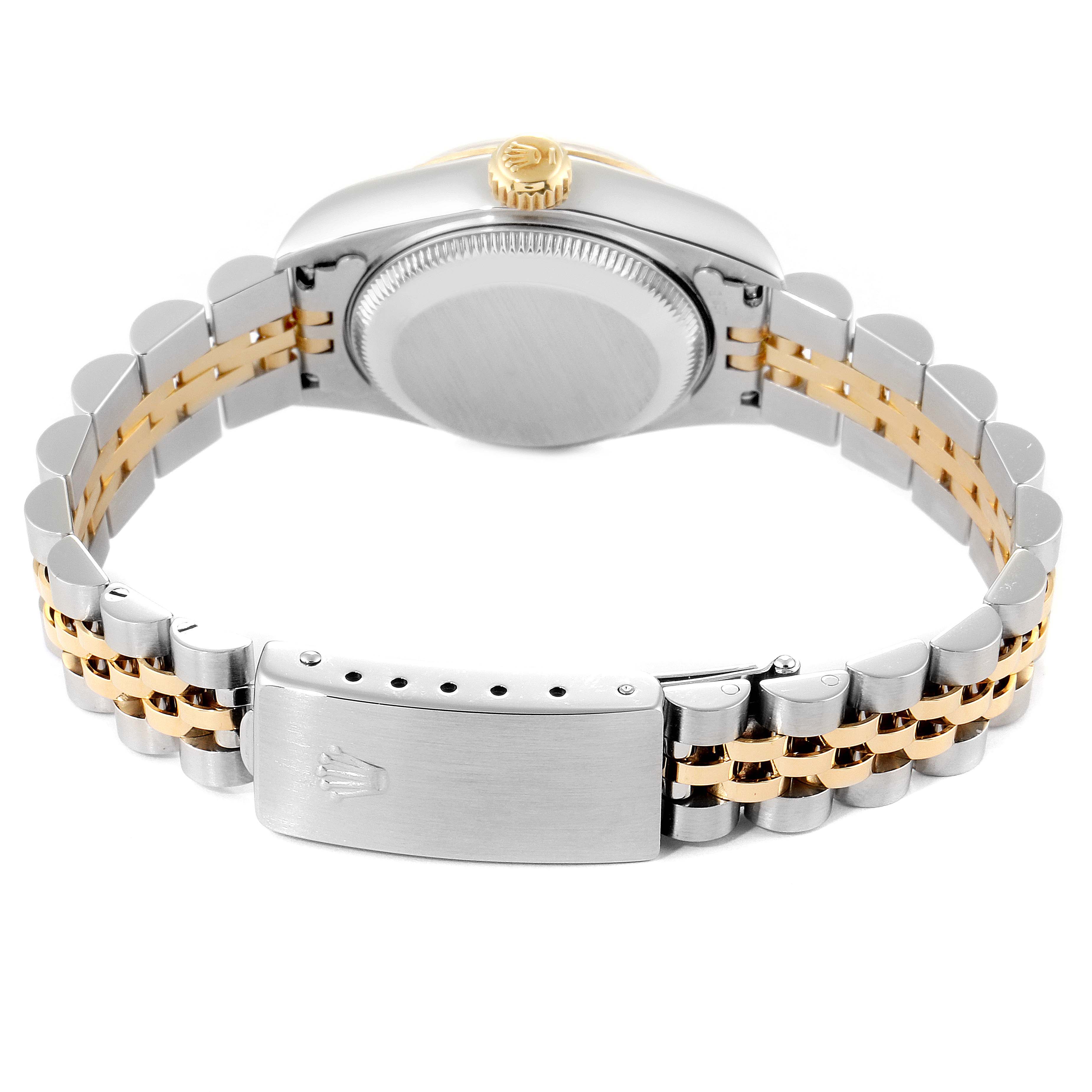 The image shows the back side of a Rolex Datejust 69173 Women's Steel and Gold (two tone) White Dial 69173 Women's Steel and Gold (two tone) White Dial watch, highlighting the clasp, bracelet, and case back.