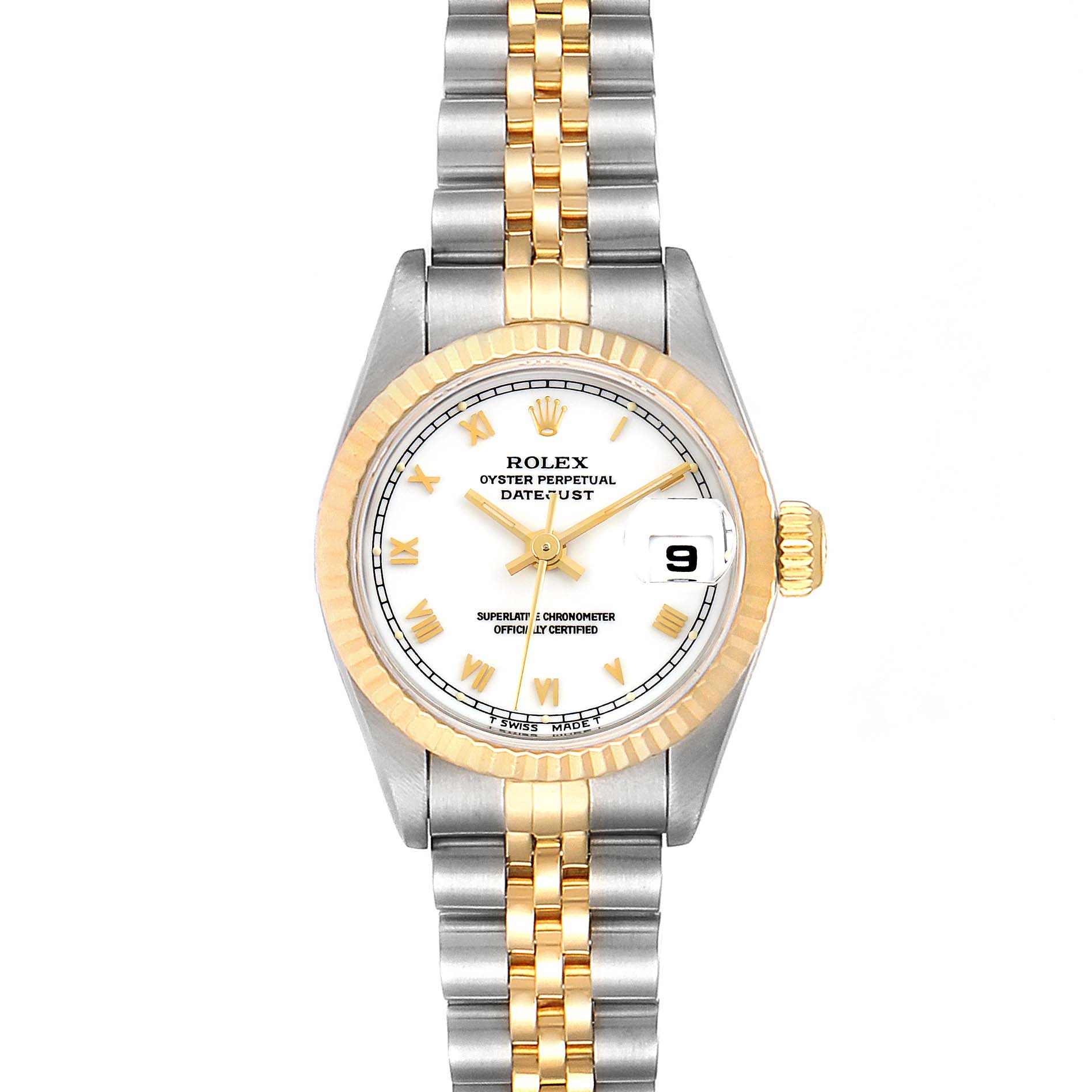 The Datejust model by Rolex is shown from an overhead angle, displaying the face, bezel, and bracelet.