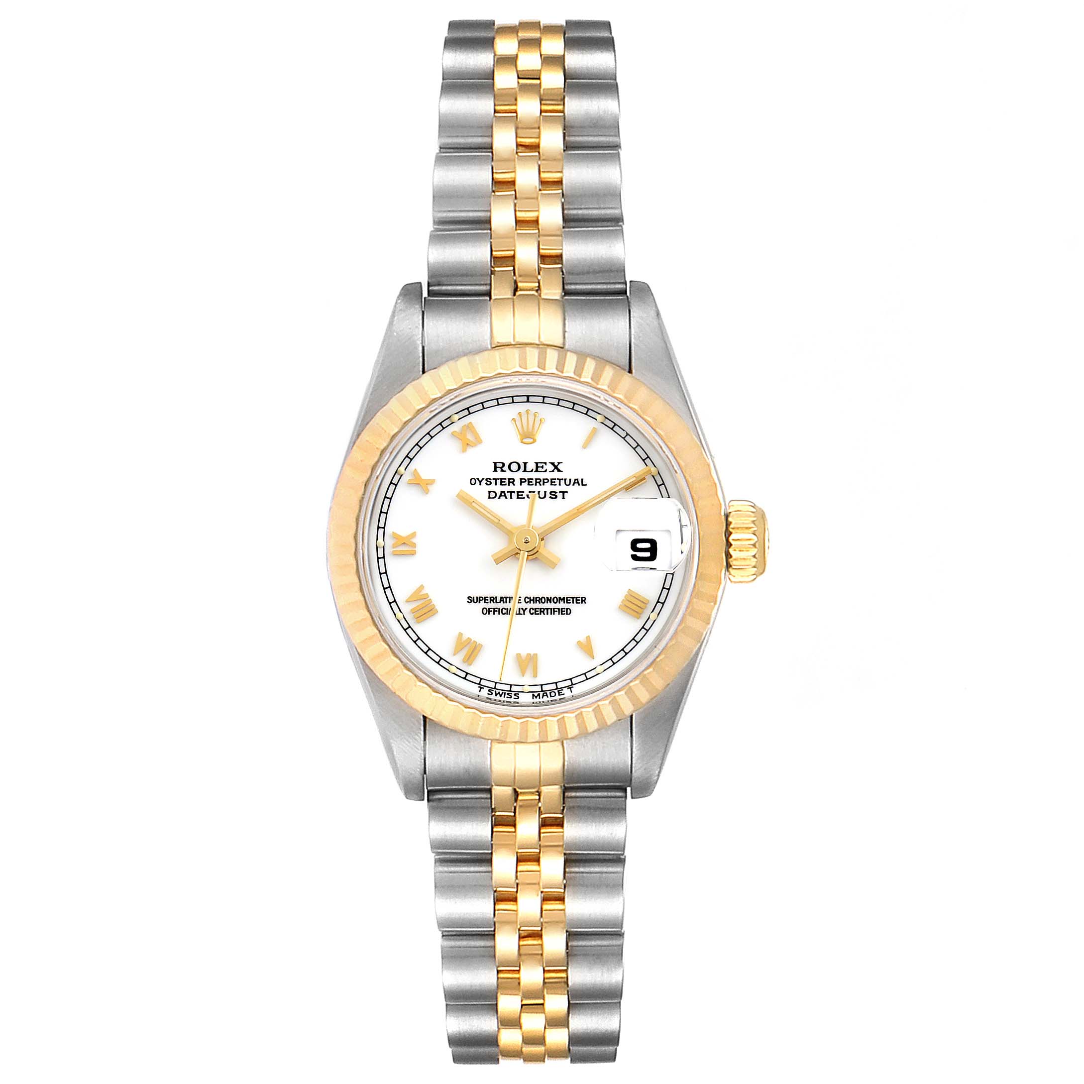 The Rolex Datejust 69173 Women's Steel and Gold (two tone) White Dial 69173 Women's Steel and Gold (two tone) White Dial watch is displayed from a front angle, showing the dial, bezel, crown, and bracelet.