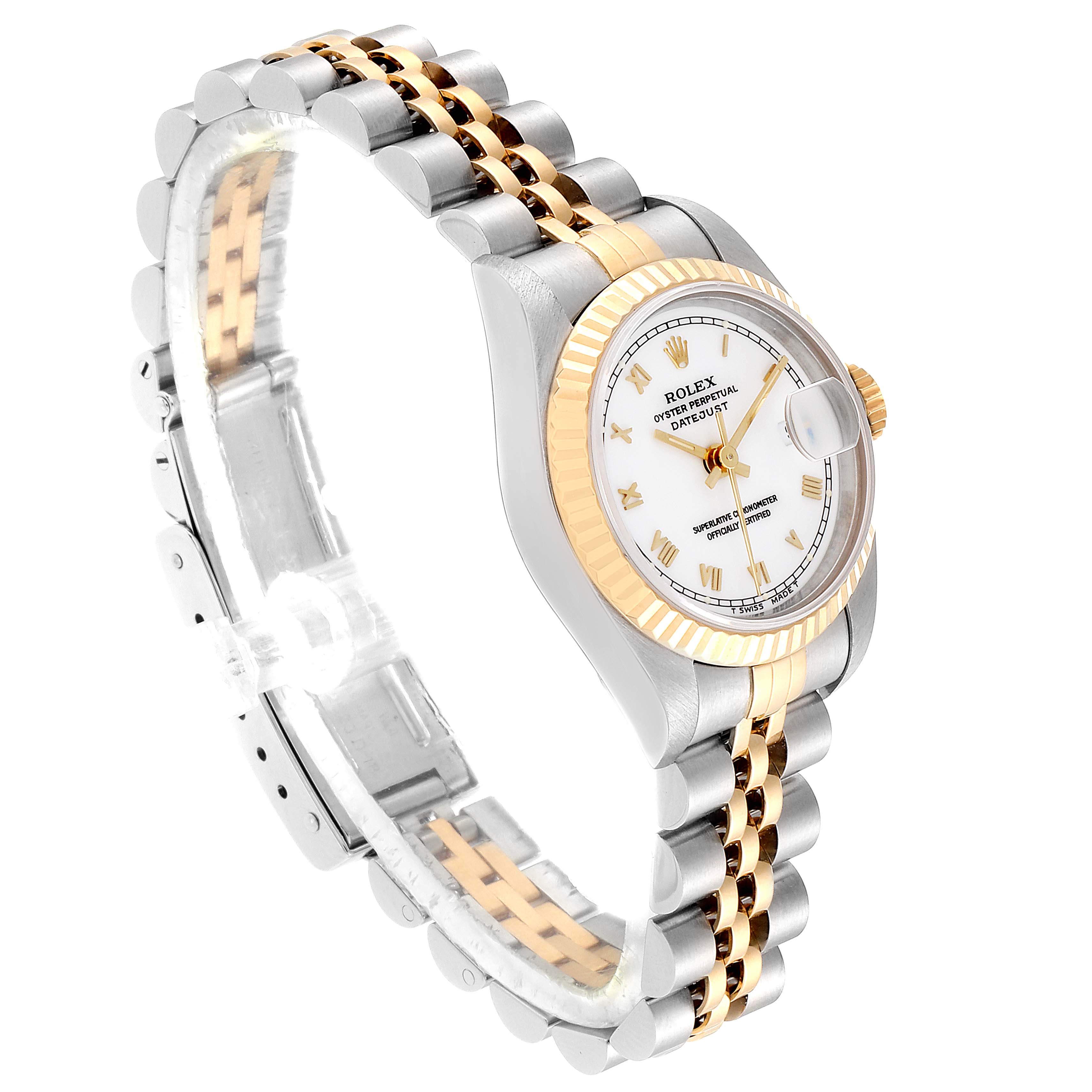 The image shows a side angle of a Rolex Datejust 69173 Women's Steel and Gold (two tone) White Dial 69173 Women's Steel and Gold (two tone) White Dial watch, highlighting the white dial, two-tone bracelet, and fluted bezel.