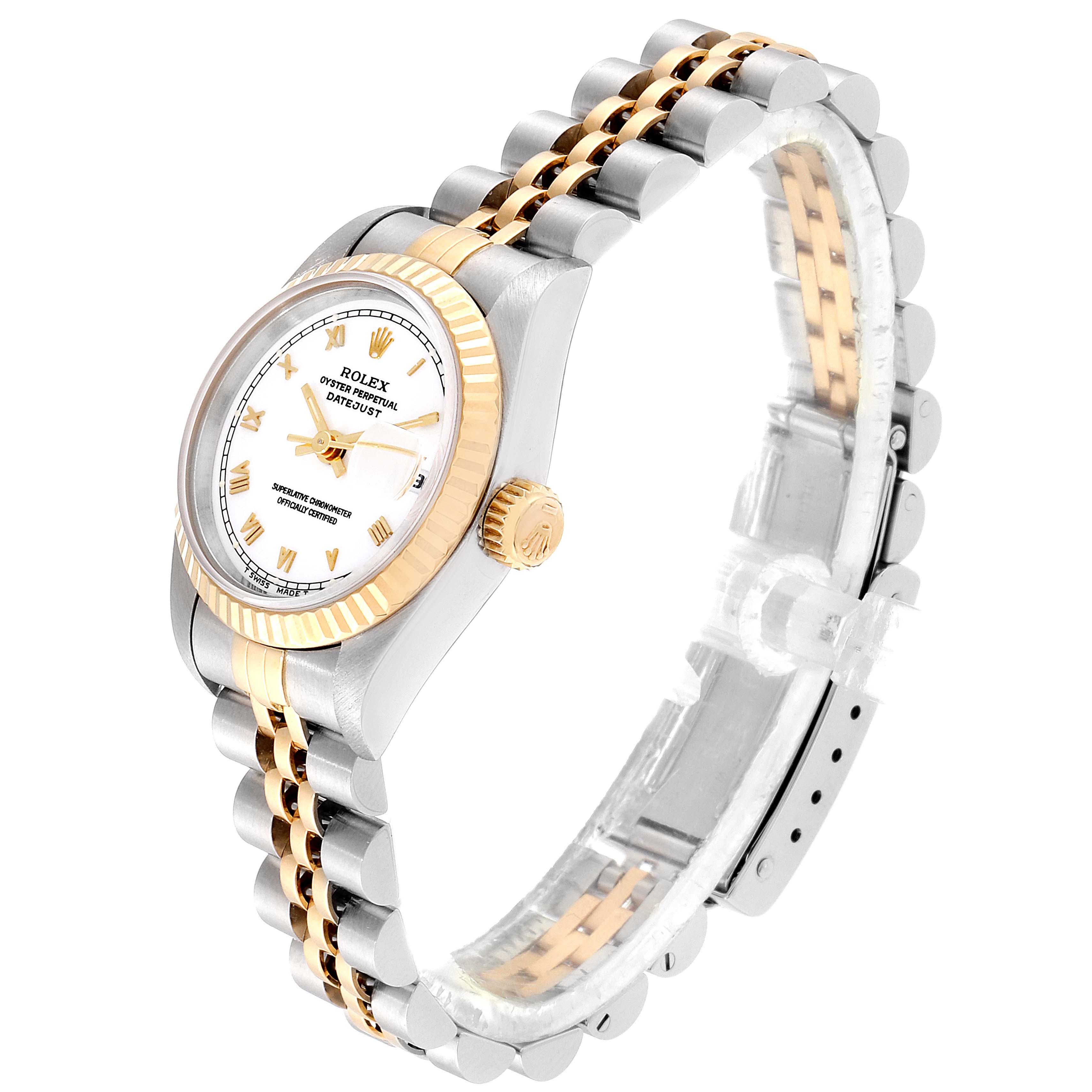 The image shows a side angle of the Rolex Datejust 69173 Women's Steel and Gold (two tone) White Dial 69173 Women's Steel and Gold (two tone) White Dial watch featuring the crown, dial, and bracelet.
