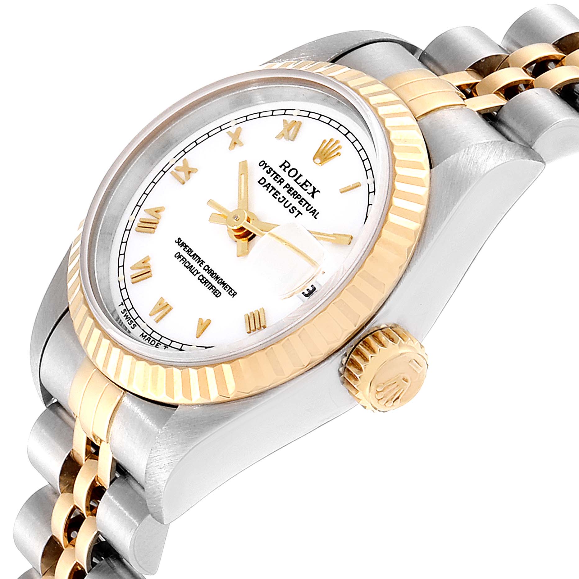 The image shows a close-up angled view of a Rolex Datejust 69173 Women's Steel and Gold (two tone) White Dial 69173 Women's Steel and Gold (two tone) White Dial watch, highlighting the crown, dial, case, and part of the bracelet.