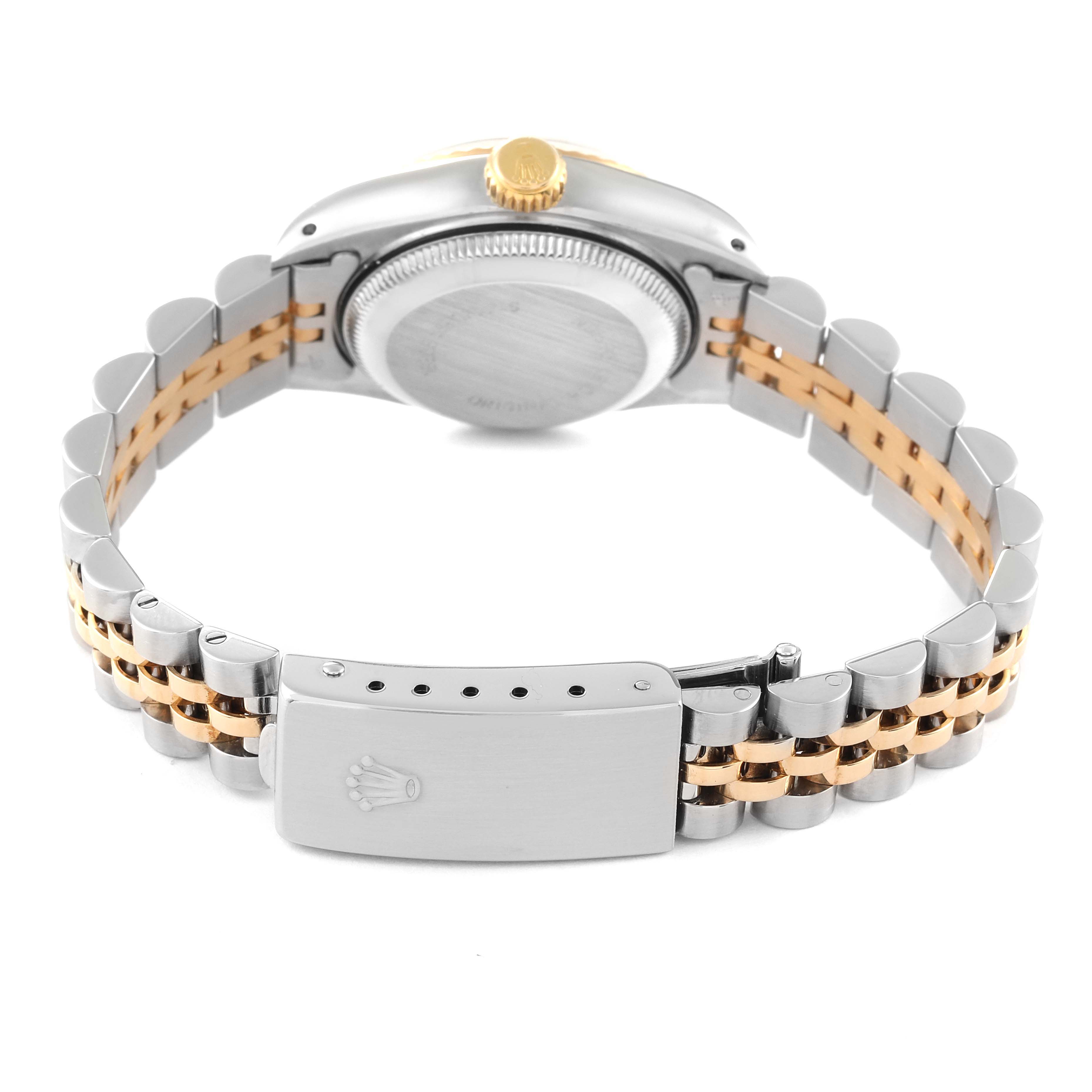 The image shows the back view of a Rolex Datejust 69173 Women's Steel and Gold (two tone) Champagne Dial 69173 Women's Steel and Gold (two tone) Champagne Dial model watch, highlighting its case, crown, and two-tone bracelet.