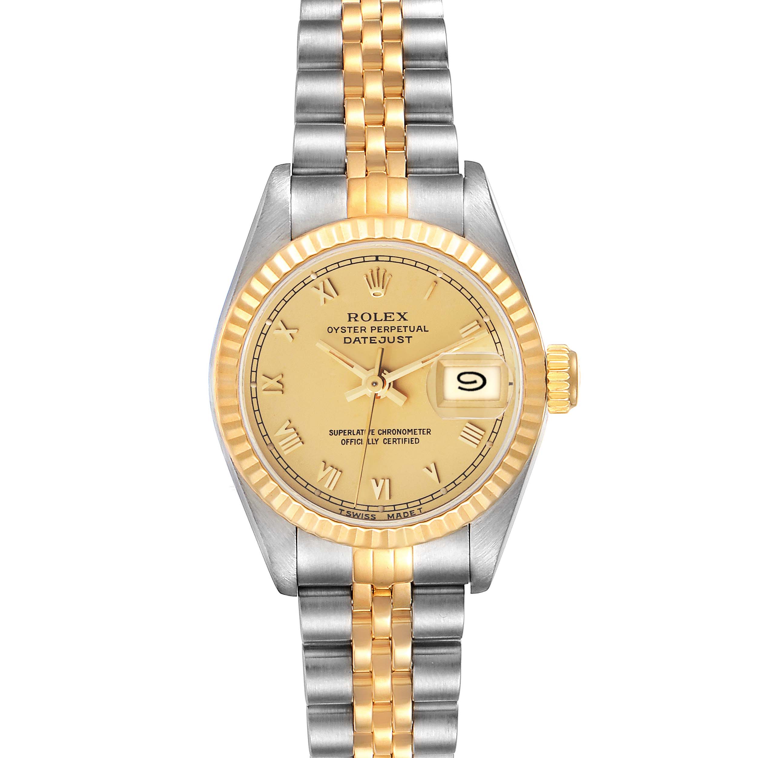 The image shows a Rolex Datejust 69173 Women's Steel and Gold (two tone) Champagne Dial 69173 Women's Steel and Gold (two tone) Champagne Dial watch from a top-down angle, highlighting the dial, bezel, and bracelet.