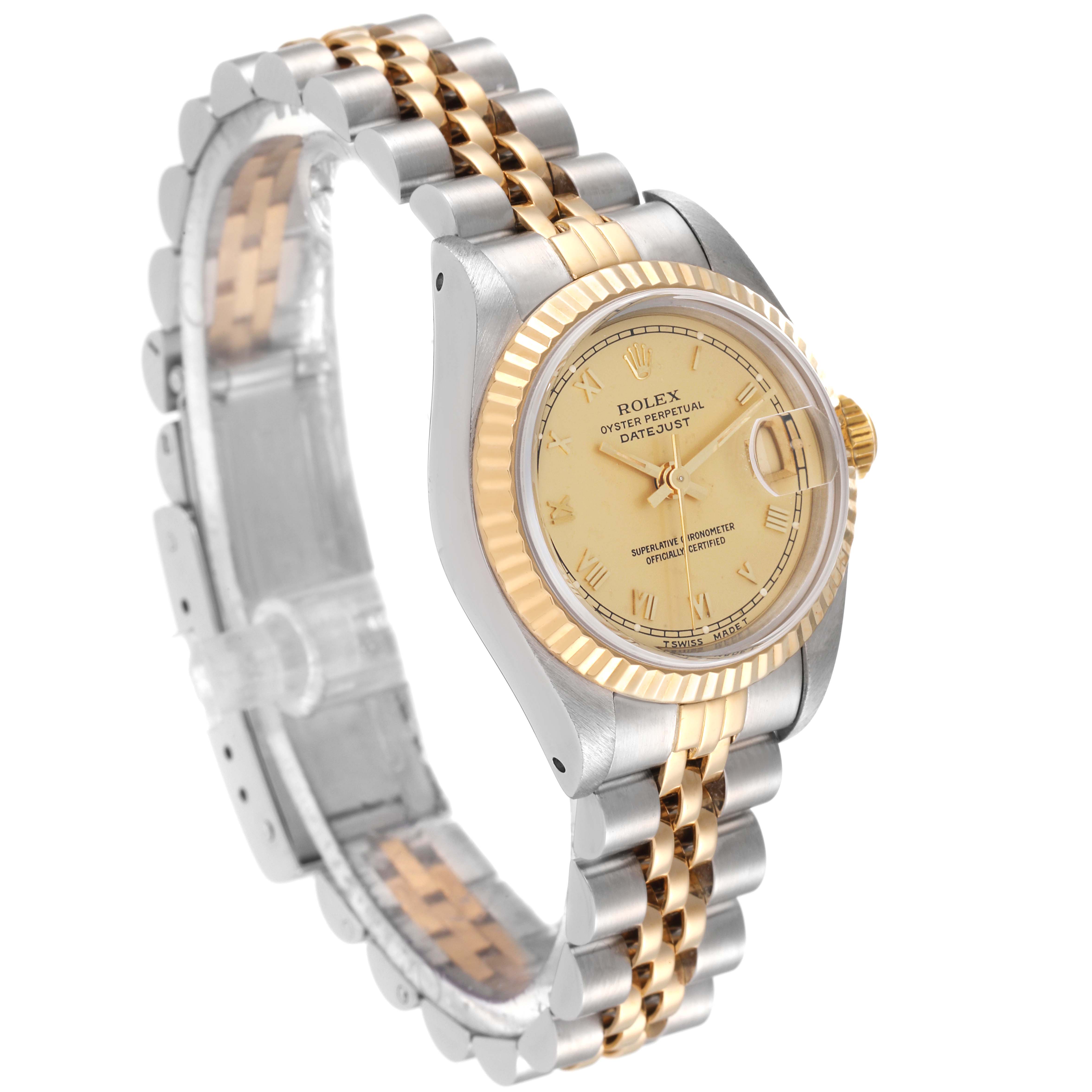 The image shows a side and partial top view of a Rolex Datejust 69173 Women's Steel and Gold (two tone) Champagne Dial 69173 Women's Steel and Gold (two tone) Champagne Dial watch, highlighting its dial, bezel, and Jubilee bracelet.