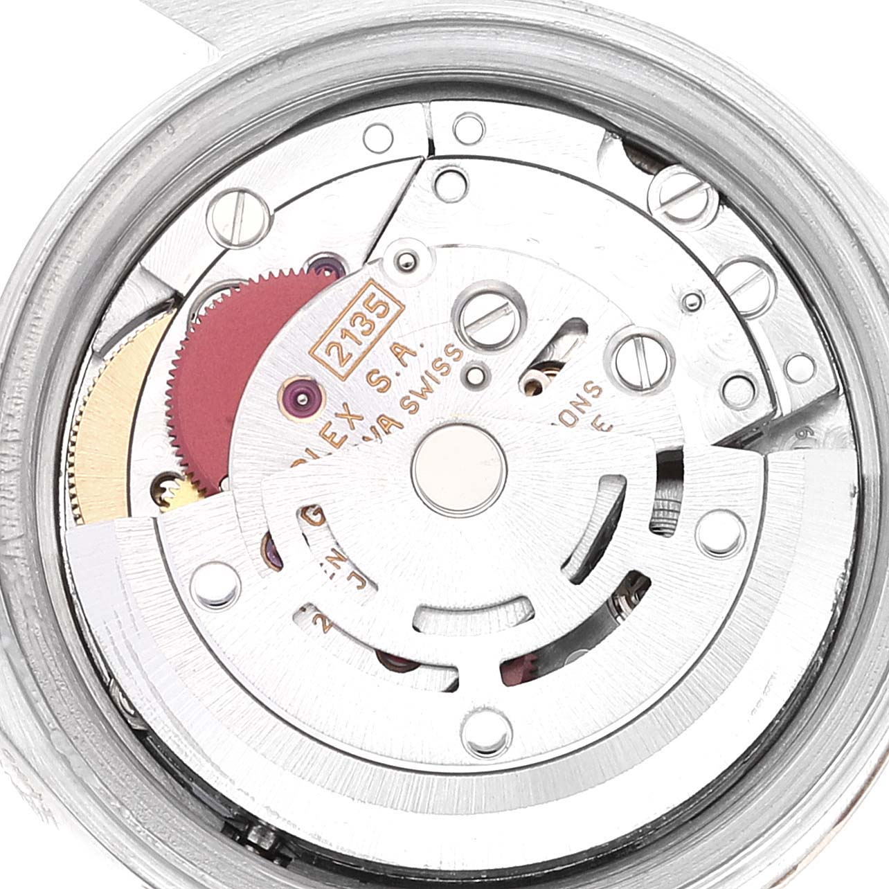The image shows an internal view of the movement mechanism of a Rolex Datejust 69173 Women's Steel and Gold (two tone) Champagne Dial 69173 Women's Steel and Gold (two tone) Champagne Dial model watch.