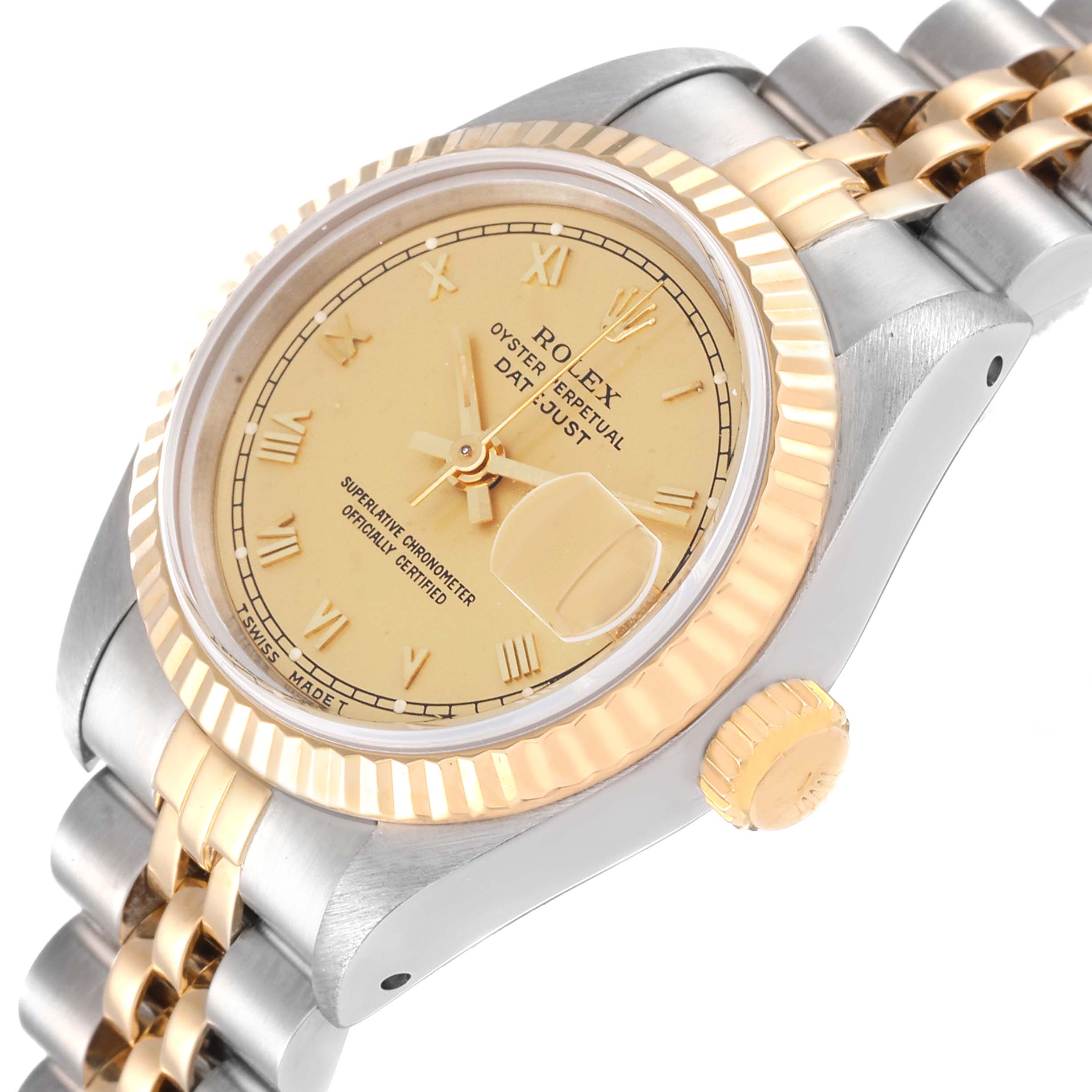 This image shows a Rolex Datejust 69173 Women's Steel and Gold (two tone) Champagne Dial 69173 Women's Steel and Gold (two tone) Champagne Dial watch from a 45-degree angle, highlighting the dial, bezel, crown, and part of the bracelet.