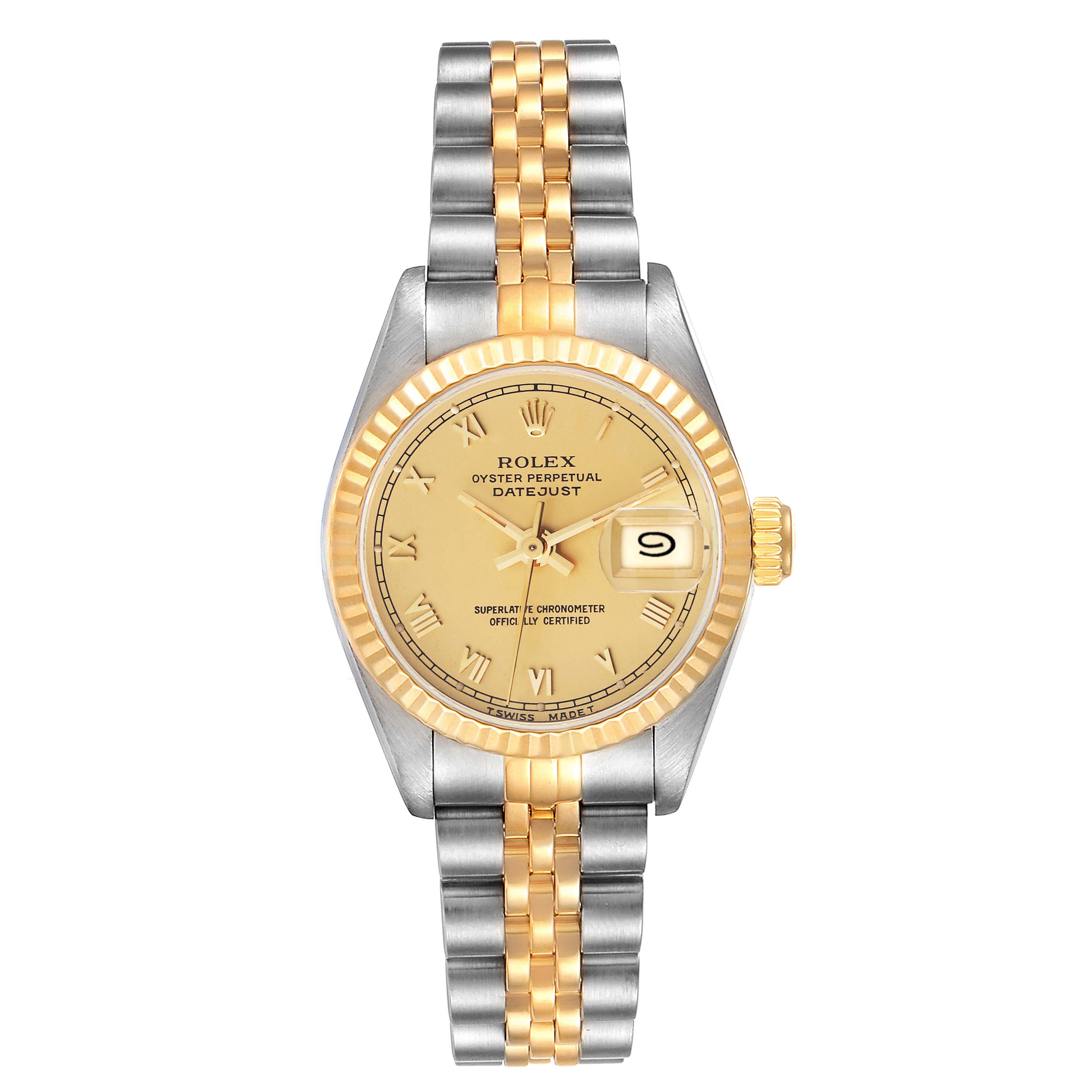 The Rolex Datejust 69173 Women's Steel and Gold (two tone) Champagne Dial 69173 Women's Steel and Gold (two tone) Champagne Dial watch is shown from a top-down angle, displaying its face, fluted bezel, and two-tone bracelet.