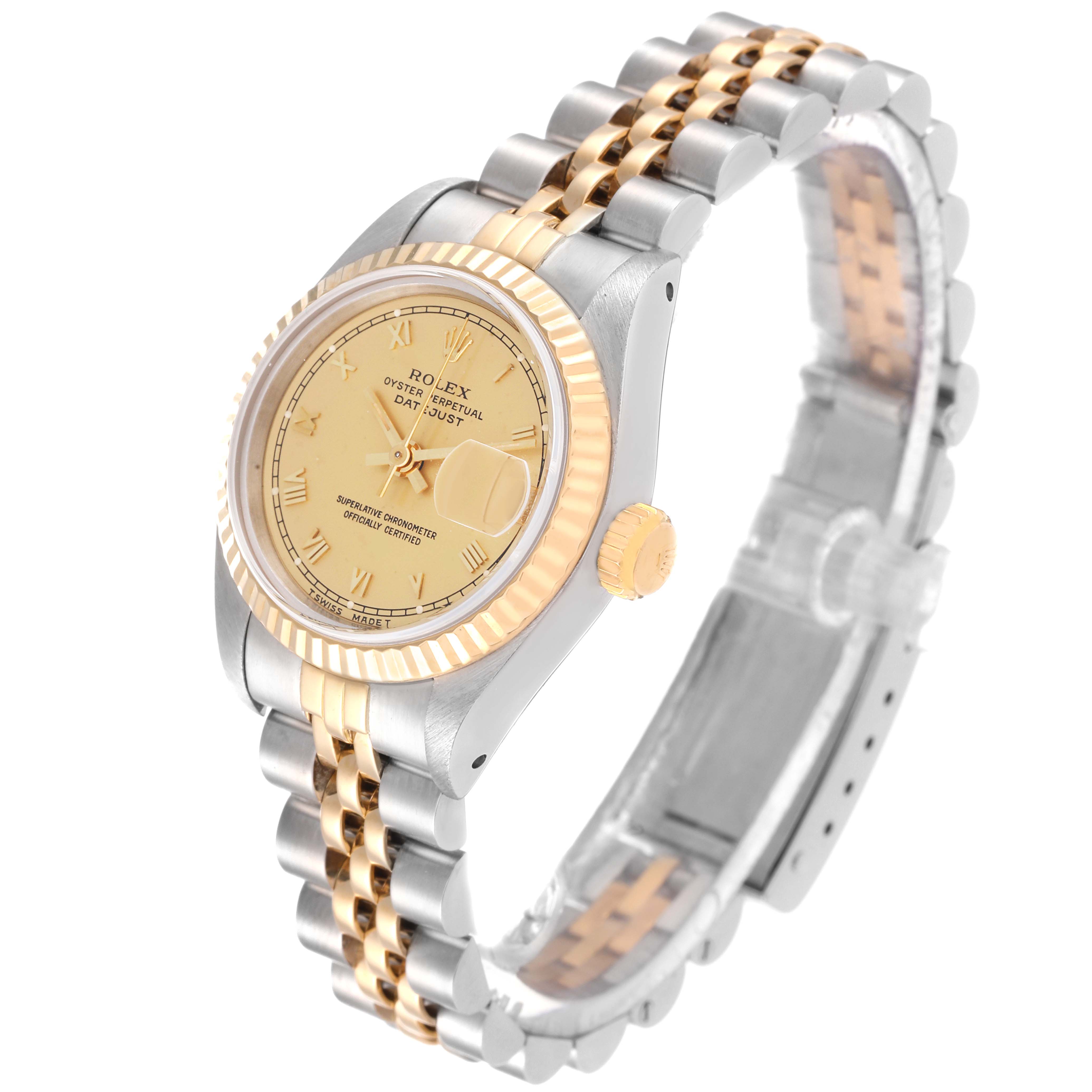 The image shows a Rolex Datejust 69173 Women's Steel and Gold (two tone) Champagne Dial 69173 Women's Steel and Gold (two tone) Champagne Dial watch at a slight angle, highlighting its face, bezel, crown, and two-tone Jubilee bracelet.