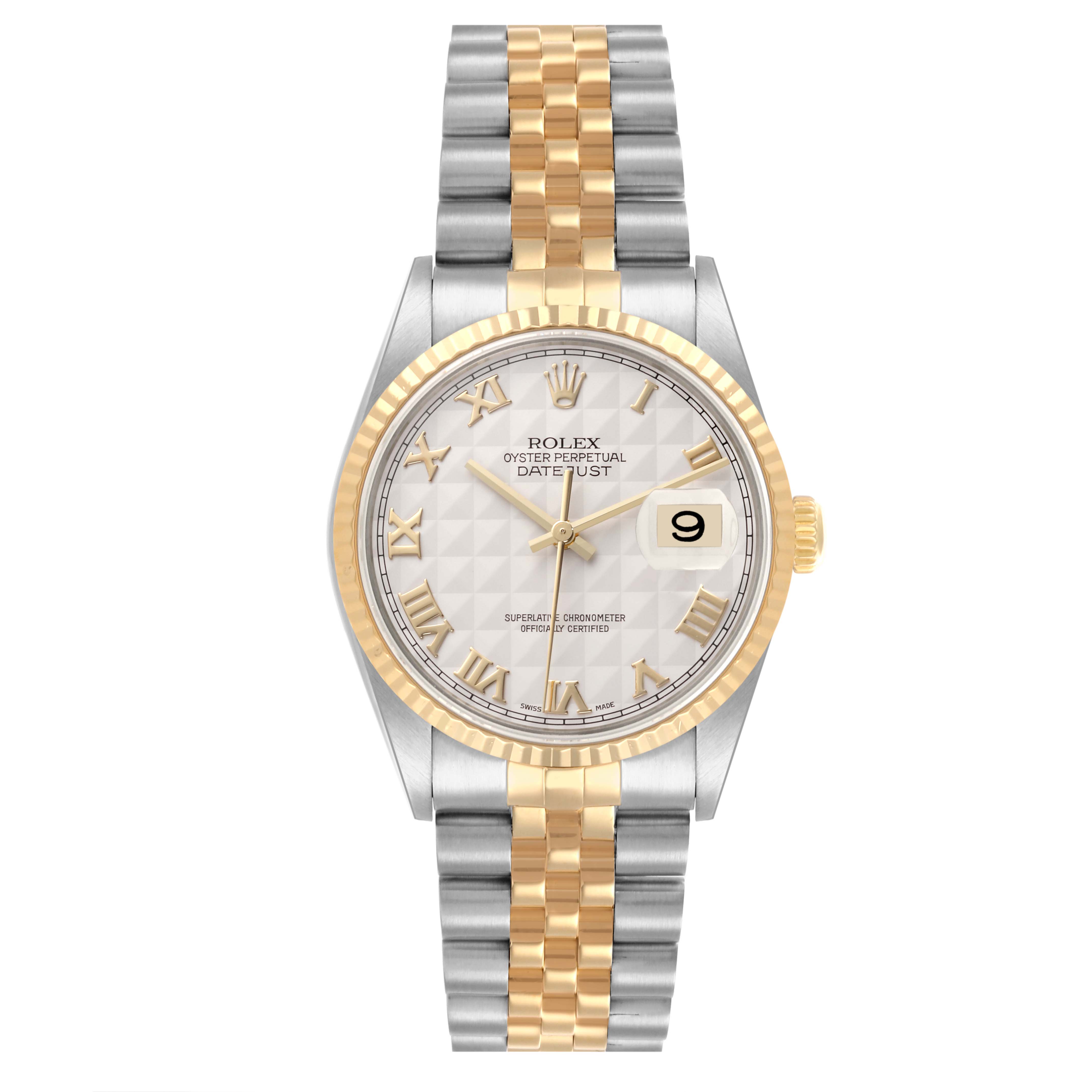 The Rolex Datejust 16233 Men
s Steel and Gold (two tone) White Dial 16233 Men
s Steel and Gold (two tone) White Dial watch is shown from the front, highlighting its dial, bezel, bracelet, and crown.
